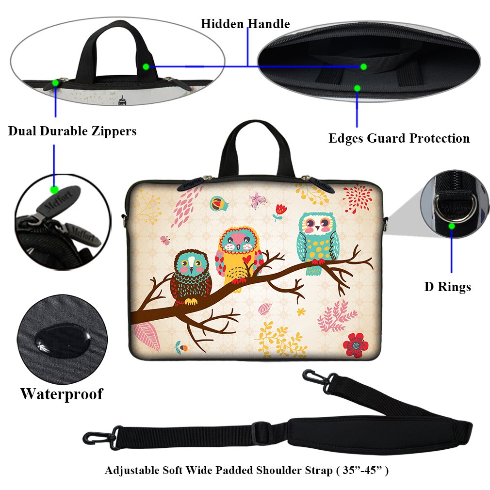 Meffort 17-17.3 Inch Neoprene Laptop Sleeve with Hidden Handle & Adjustable Shoulder Strap - Three Owls Design | Protective Case for MacBook Pro, Dell, HP | Perfect for Work, School & Travel