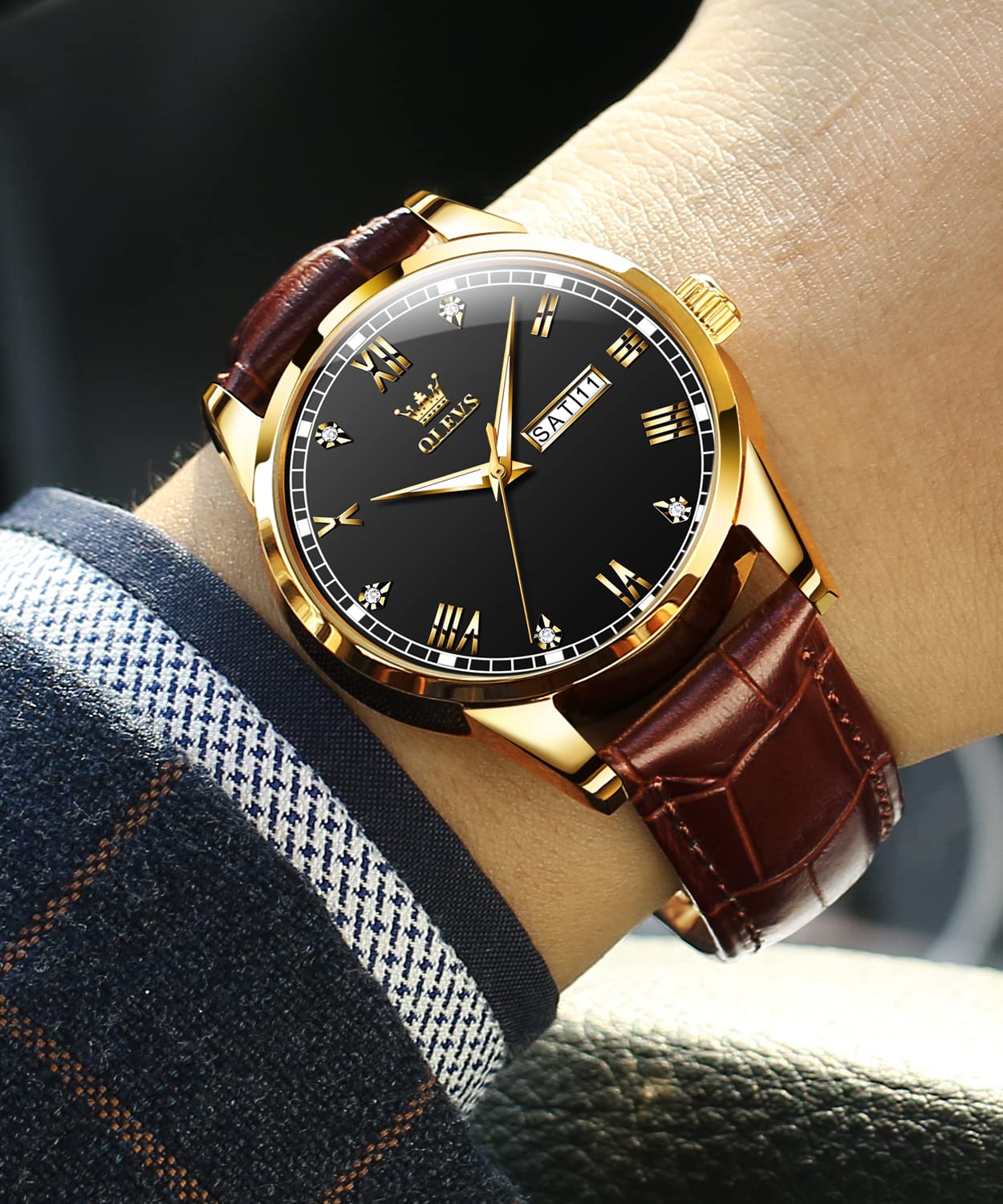 OLEVS Men's Brown Leather Watch - Rose Gold Quartz, Waterproof & Luminous for Dress & Daily Use