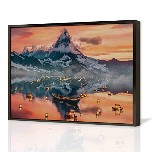 Black Framed Canvas Wall Art - 24x36 Inch Mountain & Lamp Reflection Landscape Painting, Abstract Artwork for Bedroom, Office & Home Decor | Ready to Hang Aluminum Frame | Perfect for Living Room, Bedroom & Office Wall Decor