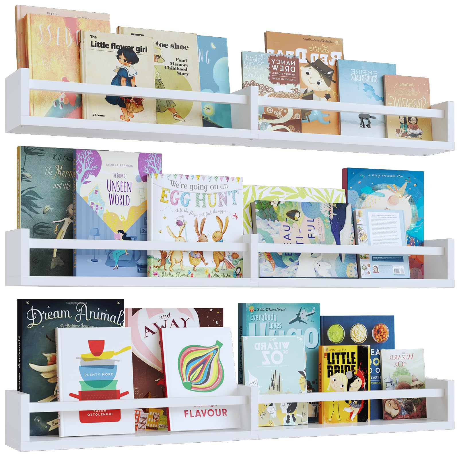 White Nursery Bookshelves 32 Inch - Set of 3 Floating Wall Shelves for Baby Room Decor, Kids Book Storage & Kitchen Spice Rack Organizer - Durable Pine Wood Shelving for Nursery, Bedroom & Kitchen Organization