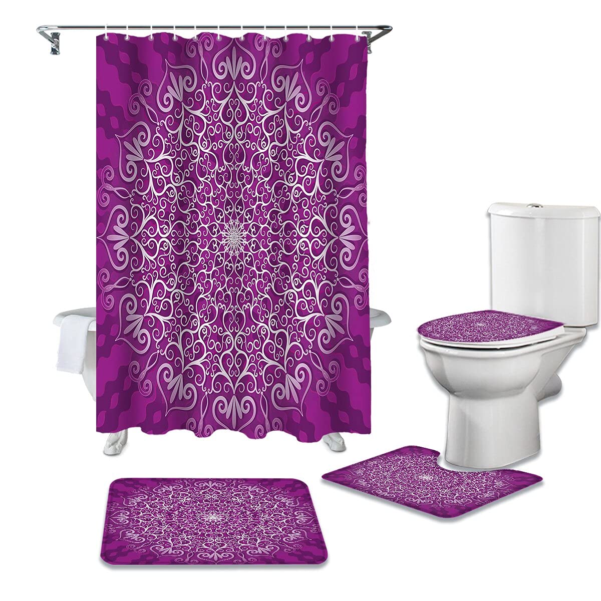 Non-Slip Purple Round Flower Toilet Seat Cover Set - 4-Piece Bathroom Mat, U-Shaped Cushion & Shower Curtain for Cozy Home Decor | Perfect for Modern Bathrooms, Guest Rooms & Apartment Upgrades