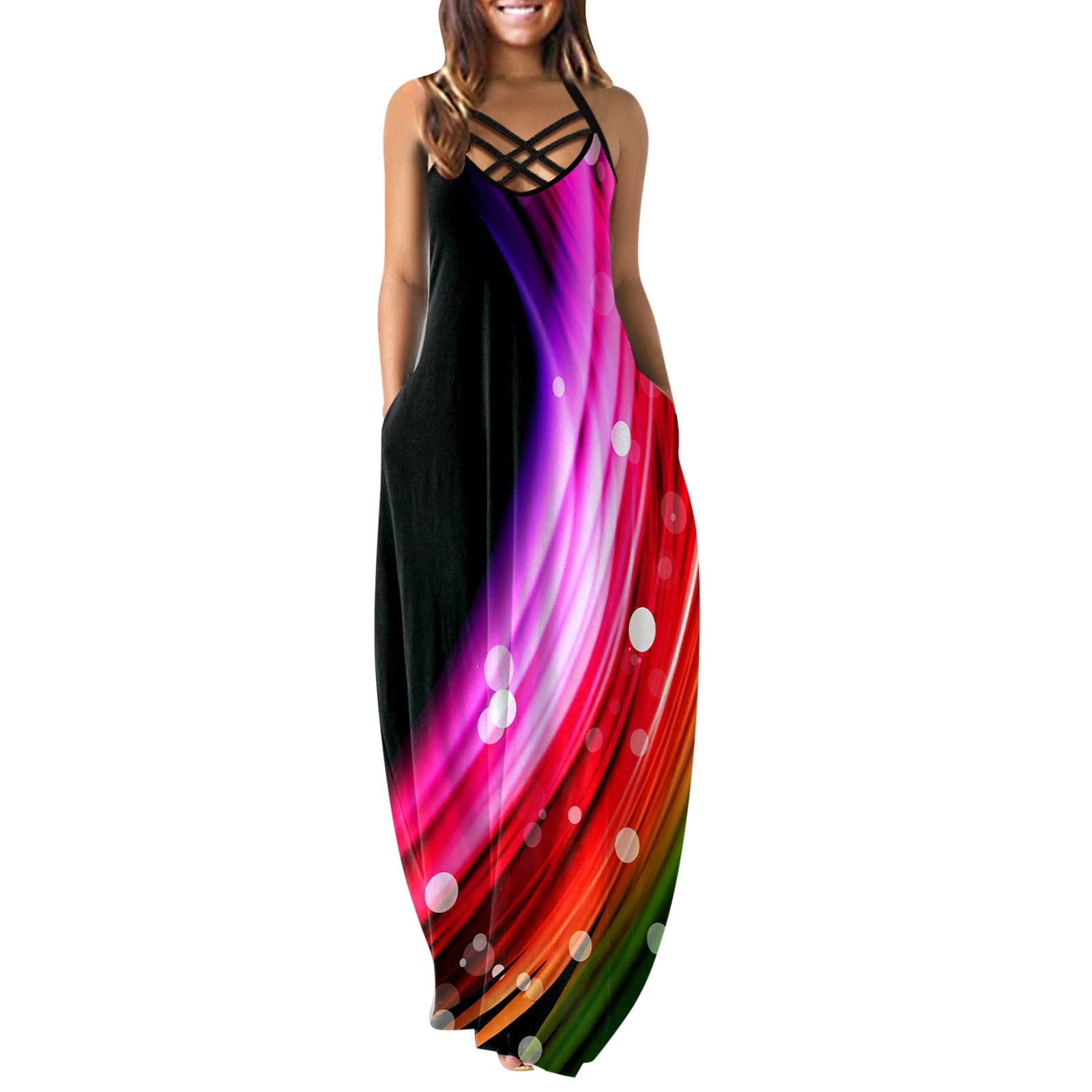Women's Plus Size Summer Maxi Dress - Wide Strap Sleeveless Loose Flowy Dress with Pockets | White Beach Wedding Graduation Party Dress for Casual Outings & Special Occasions