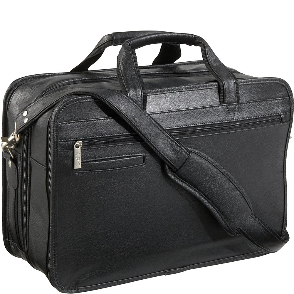 Premium Black Leather Expandable Laptop Briefcase for Business & Travel - Fits 15.6