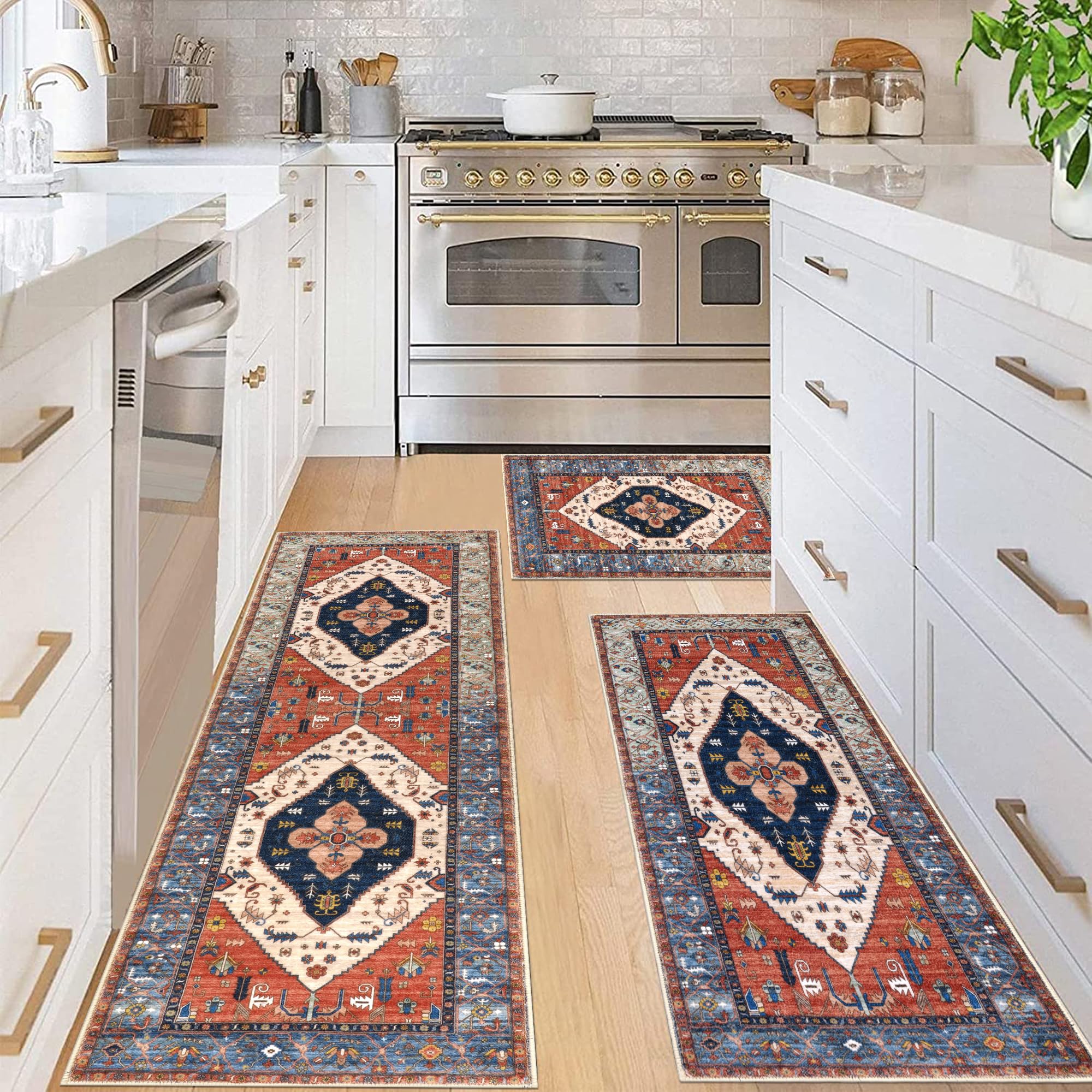 Pauwer Non-Slip Washable Kitchen Rugs Set of 3 - Farmhouse Boho Style Floor Mats for Kitchen, Sink, Hallway & Laundry Room | Rust Color | Perfect for High-Traffic Areas & Spill-Prone Spaces