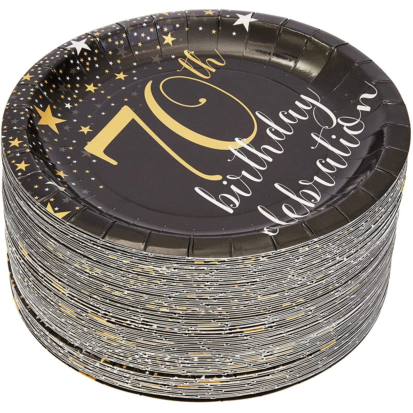 BLUE PANDA 80-Count 70th Birthday Party Plates - 7 Inch Disposable Paper Plates for Anniversary Celebration, Black Dinnerware - Perfect for Birthday Parties, Retirement Celebrations & Milestone Events