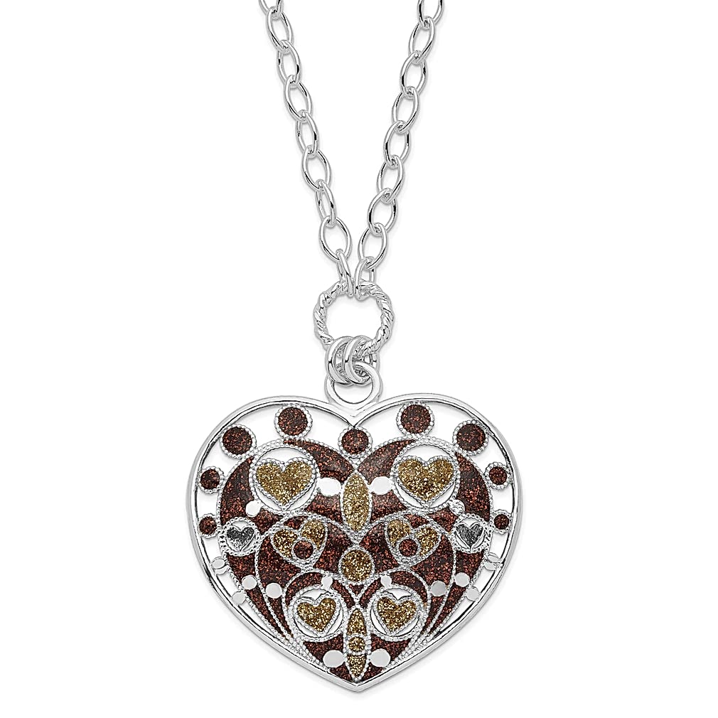 925 Sterling Silver Gold Tone & Brown Glitter Enamel Heart Pendant Necklace - Dainty Love Charm Chain Jewelry for Women - Perfect Gift for Her, Valentine's Day, Anniversary & Romantic Occasions