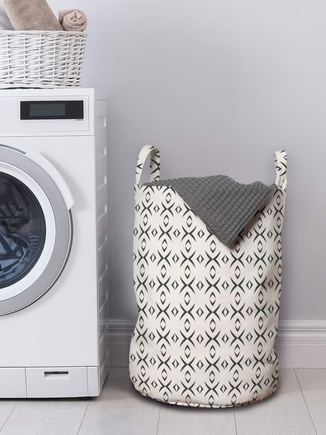 Ambesonne Geometric Laundry Bag with Handles - Black & White Striped Drawstring Hamper for Laundry Room, Dorm, or Travel - 13 x 19 Inch Washing Machine Safe Storage Basket (Grey Backdrop Art Print)