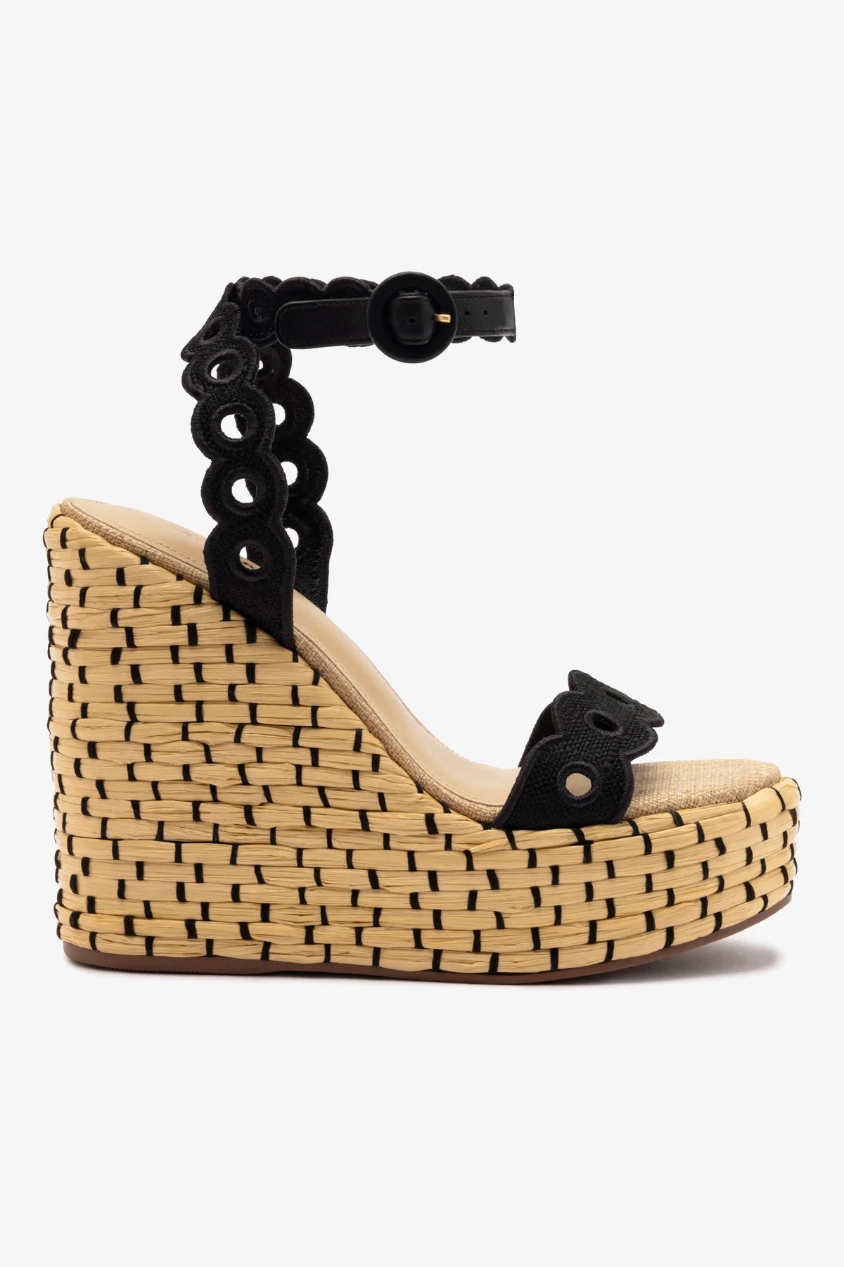 Florence Broderie Wedge Sandals in Beige & Black Raffia - Comfortable Summer Espadrilles for Beach, Vacation and Casual Outfits