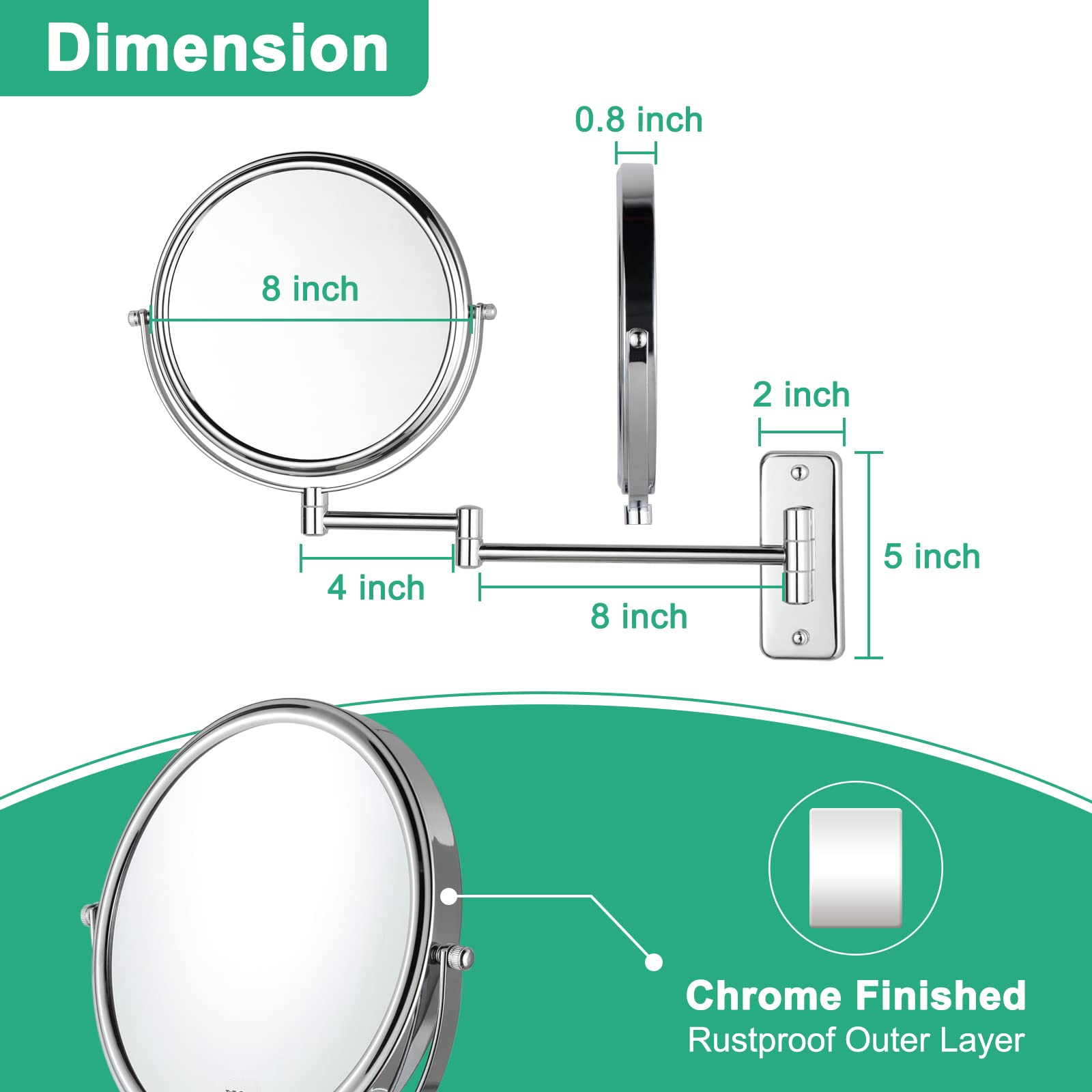 8 Inch Wall Mounted Magnifying Mirror with 10x Magnification - Double Sided Vanity Makeup Mirror for Bathroom - Chrome Finish - Perfect for Makeup Application, Skincare & Shaving