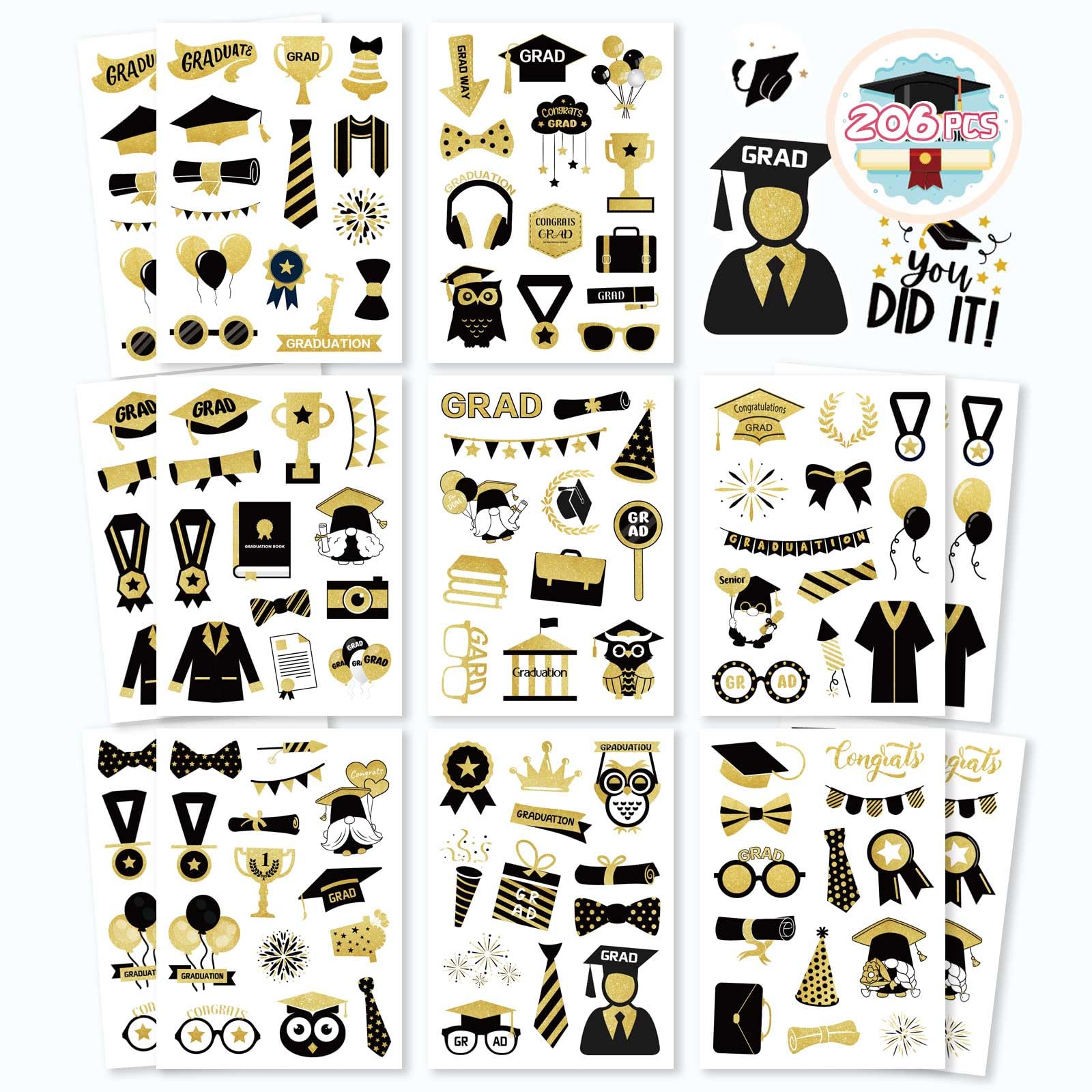 206Pcs Graduation Stickers - Class of 2024 Decorative Stickers for Envelopes, Scrapbooking, Graduation Caps & Candy Labels | Perfect for Graduation Party Decorations, School Events & Gift Wrapping