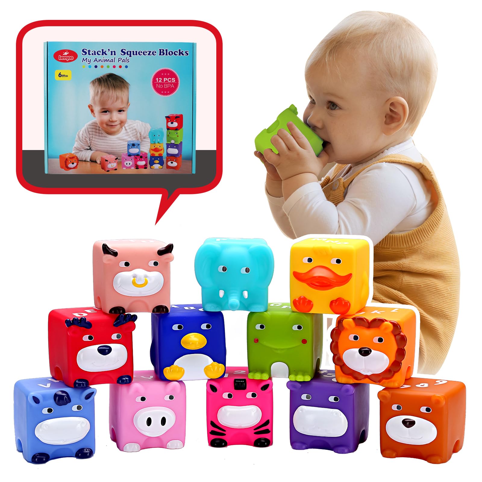 Soft Baby Blocks – 12-Piece Stacking & Building Toys for Babies & Toddlers 6+ Months – No Hole Squeeze Animal Sensory Teething Toys – Perfect for Early Learning, Motor Skills Development & Playtime Fun