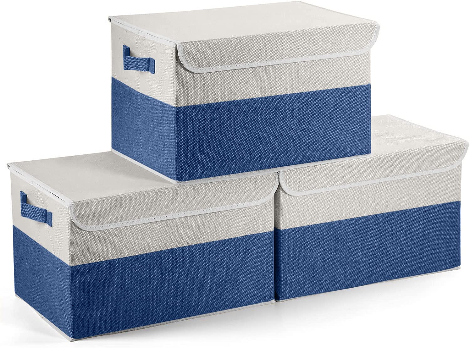 Foldable Storage Bins with Lids - Set of 3 Organizers for Toys, Clothes & Books (Blue & White) - Home & Office Organization