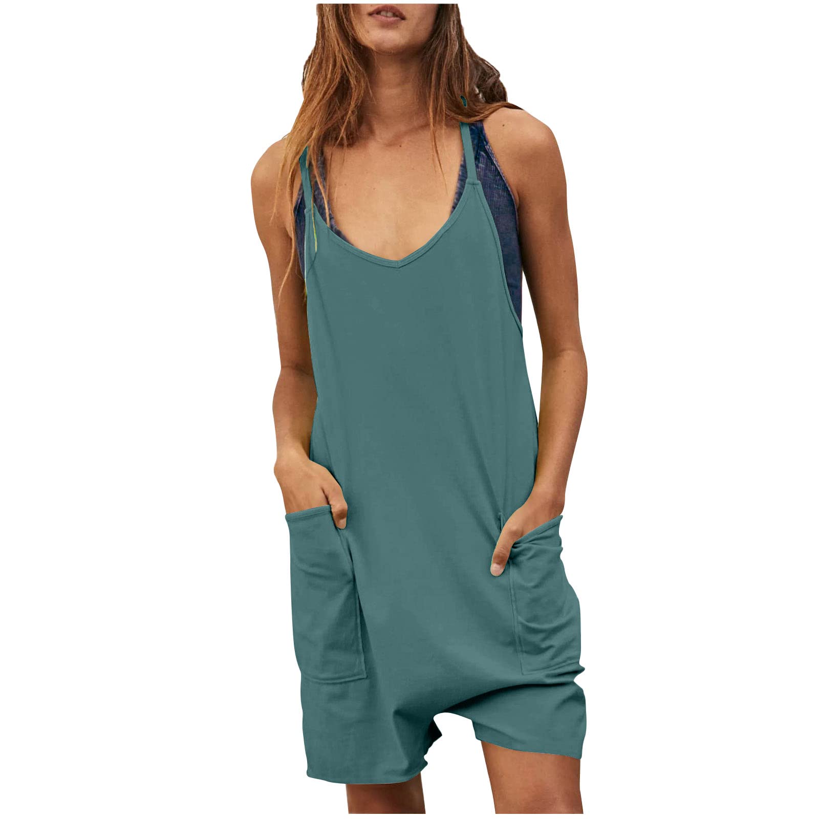 Women's Summer Casual Short Romper - Spaghetti Strap Loose Jumpsuit with Pockets | Breathable Lounge Overalls for Beach, Vacation & Everyday Wear