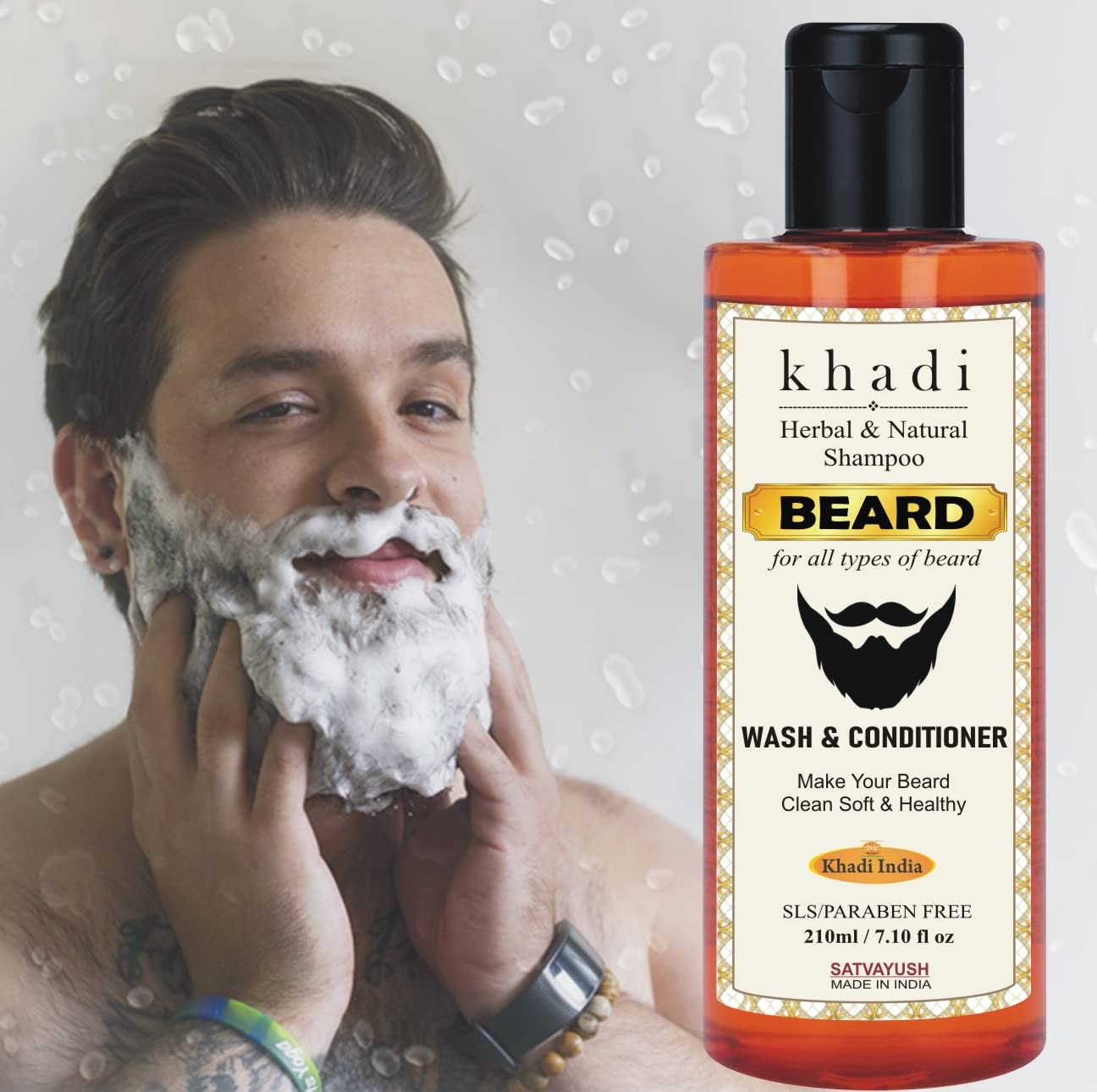 Satvayush Beard Wash & Conditioner for Men - Herbal Scent, Black, 210 ml | Natural Beard Care Kit for Soft & Healthy Facial Hair | Perfect for Daily Grooming & Styling