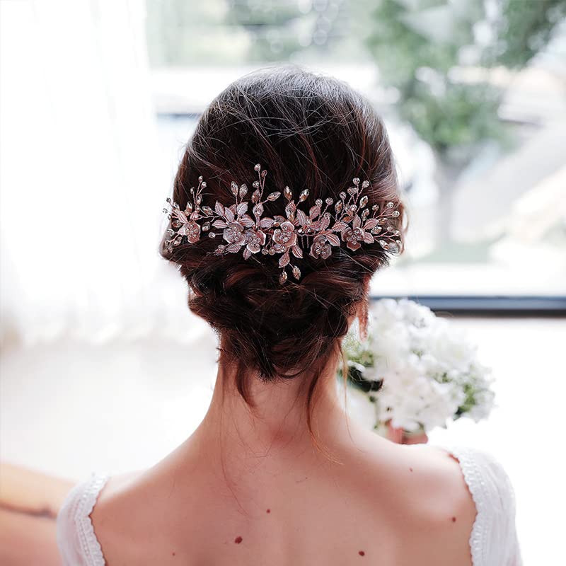 Rose Gold Flower Hair Comb Set - Wedding Bridal Hair Accessories for Brides & Bridesmaids