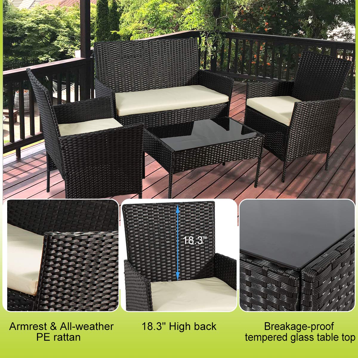 On Shine 4-Piece Patio Furniture Set - Outdoor/Indoor Conversation Set with Cushions (New Black) - Perfect for Backyard, Garden, Poolside & Balcony Relaxation