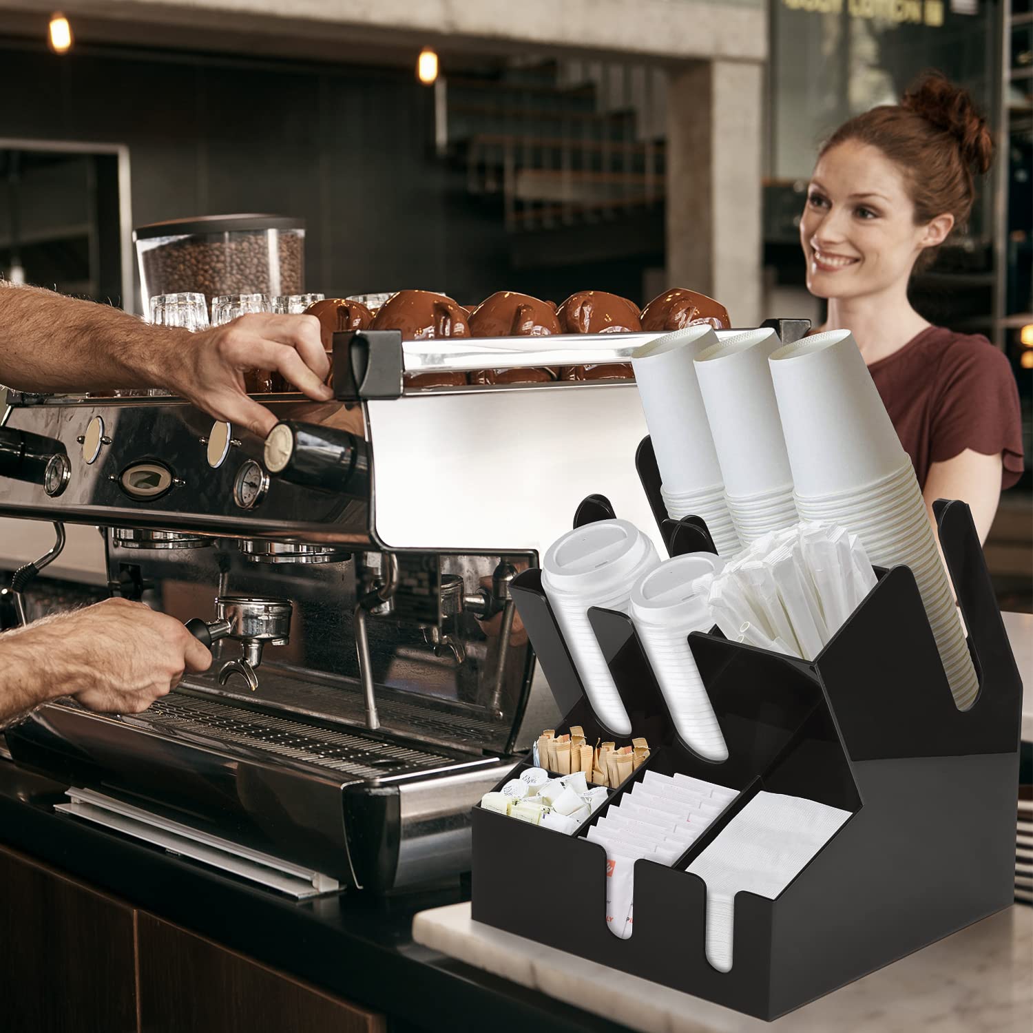 10-Compartment Commercial Coffee Condiment & Cup Organizer - Large Coffee Cup and Lid Holder for Breakroom, Coffee & Milk Tea Shop (Black) - Perfect for Organizing Coffee Stations & Drink Accessories