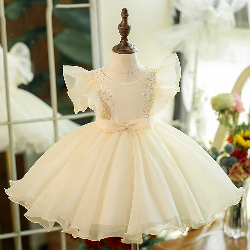 Elegant Champagne Organza Princess Flower Girl Dress with Ruffle Pleats - Perfect for Weddings, Pageants & Special Occasions