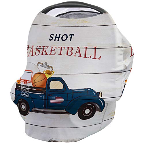 Breastfeeding Nursing Cover & Baby Car Seat Canopy - Grey Farm Wooden Board Stroller Cover for Infant Boys & Girls | Perfect for Shopping, Travel & Outdoor Activities | Retro Blue Truck Basketball Design