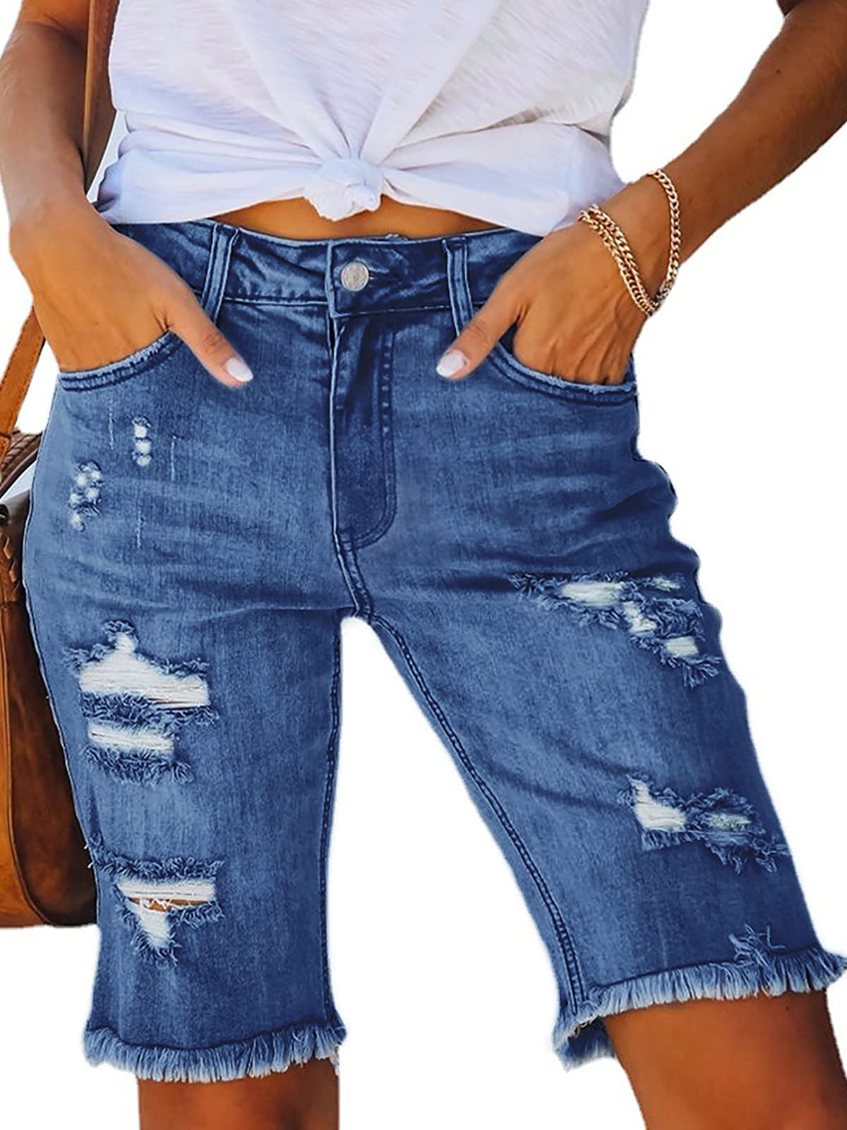 Govc Women's High Rise Ripped Stretchy Denim Bermuda Jean Shorts - Frayed Raw Hem Distressed Denim Shorts for Summer Casual Wear & Beach Outfits