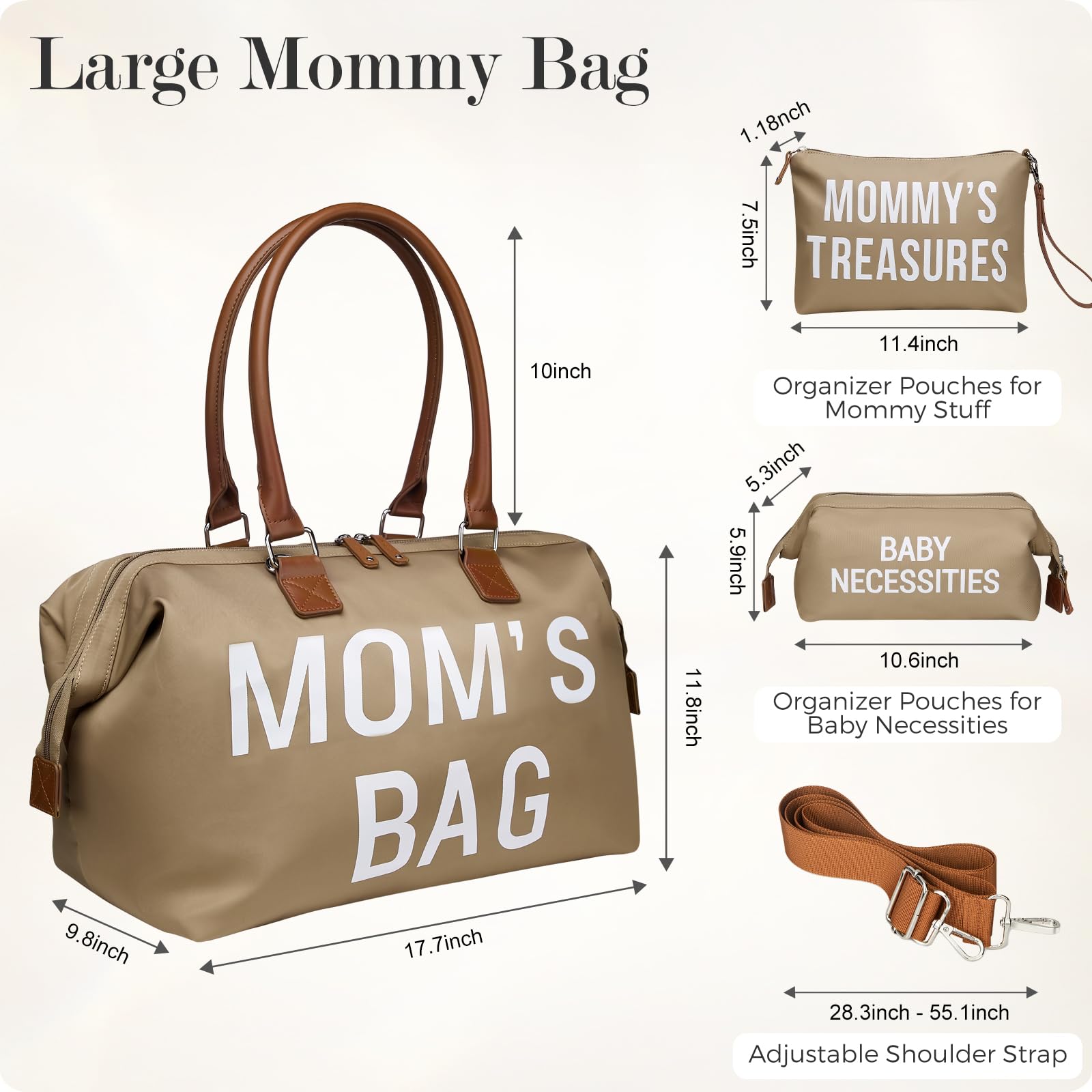 Printe Mom's Hospital Bag for Labor & Delivery - Large Waterproof Diaper Bag with 2 Organizer Pouches (Khaki) - Perfect for Maternity Travel, Baby Essentials & On-the-Go Parenting