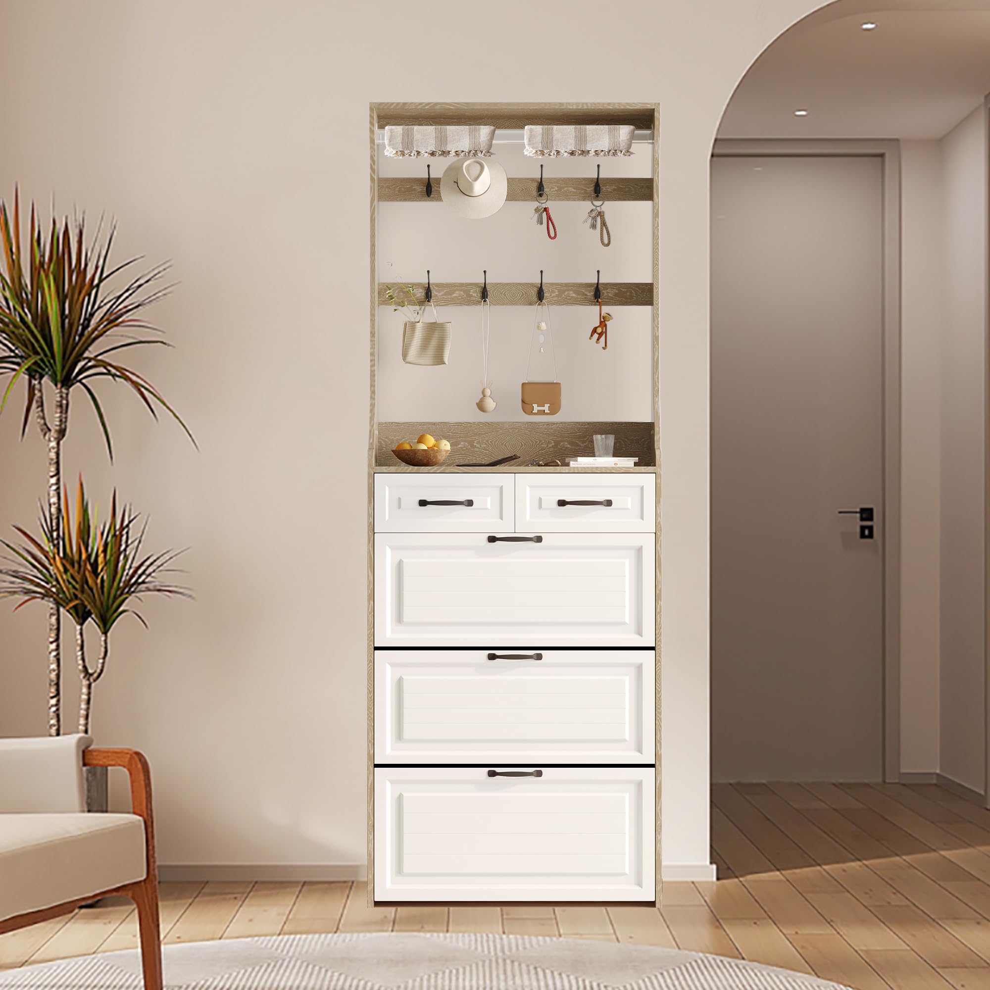 Olela Multi-Functional Shoe Cabinet - Space Saving Narrow Entryway Shoe Organizer with 3 Flip Drawers & Open Shelves | Freestanding Storage for Shoes, Hats & Accessories | Perfect for Small Apartments, Closets & Entryways
