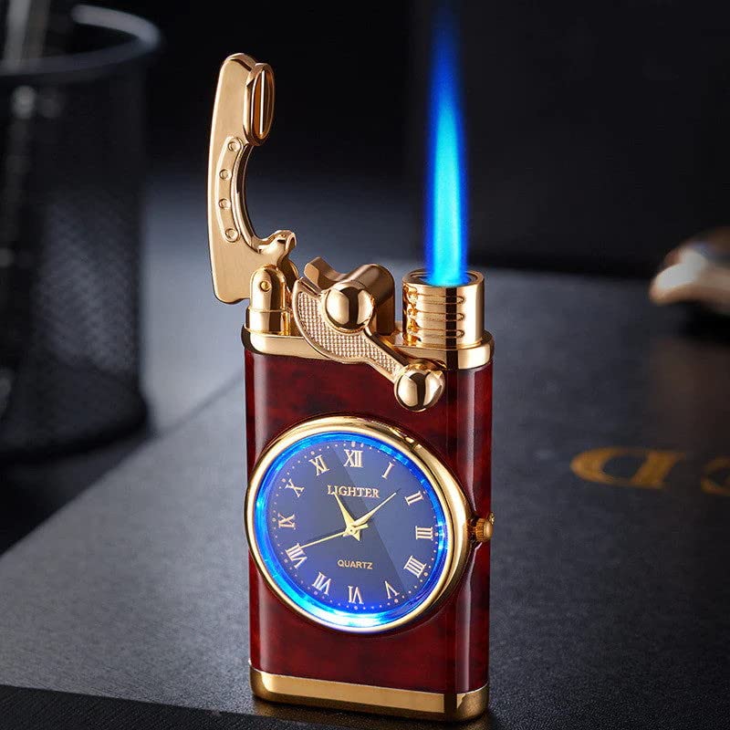 Vintage Windproof Arm Lever Blue Flame Dial-Inflatable Lighter - Portable Candle Lighter for Men, Outdoor Camping, BBQ & Smoking - Gift Boxed with Innovative Dial Design (Redwood Grain)