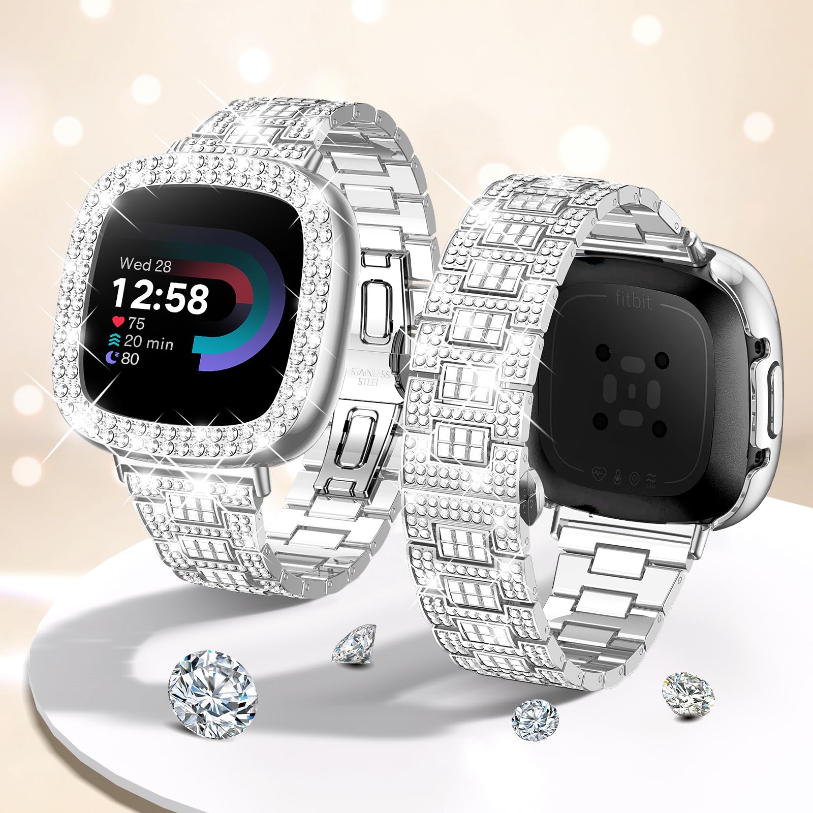 Dsytom Bling Stylish Watch Band - Compatible with Fitbit Versa 4/3, Sense 2/1 - Rhinestone Bracelet Strap with Protective Case Cover for Women | Elegant Accessory for Work, Party & Everyday Wear