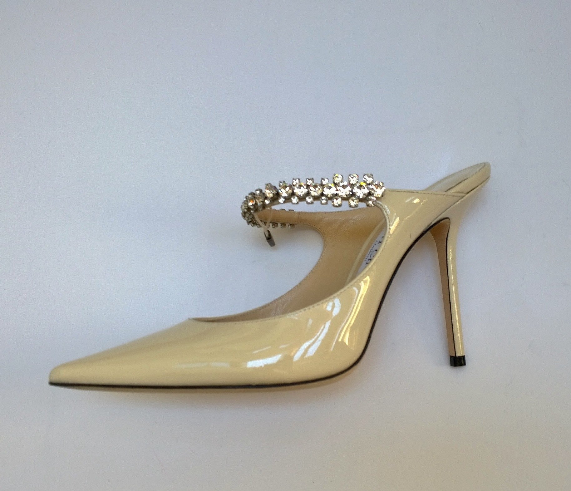 Jimmy Choo Bing 100 Linen Cream Patent Rhinestone Mules Heels - Elegant Women's Dress Sandals for Weddings, Parties & Special Occasions