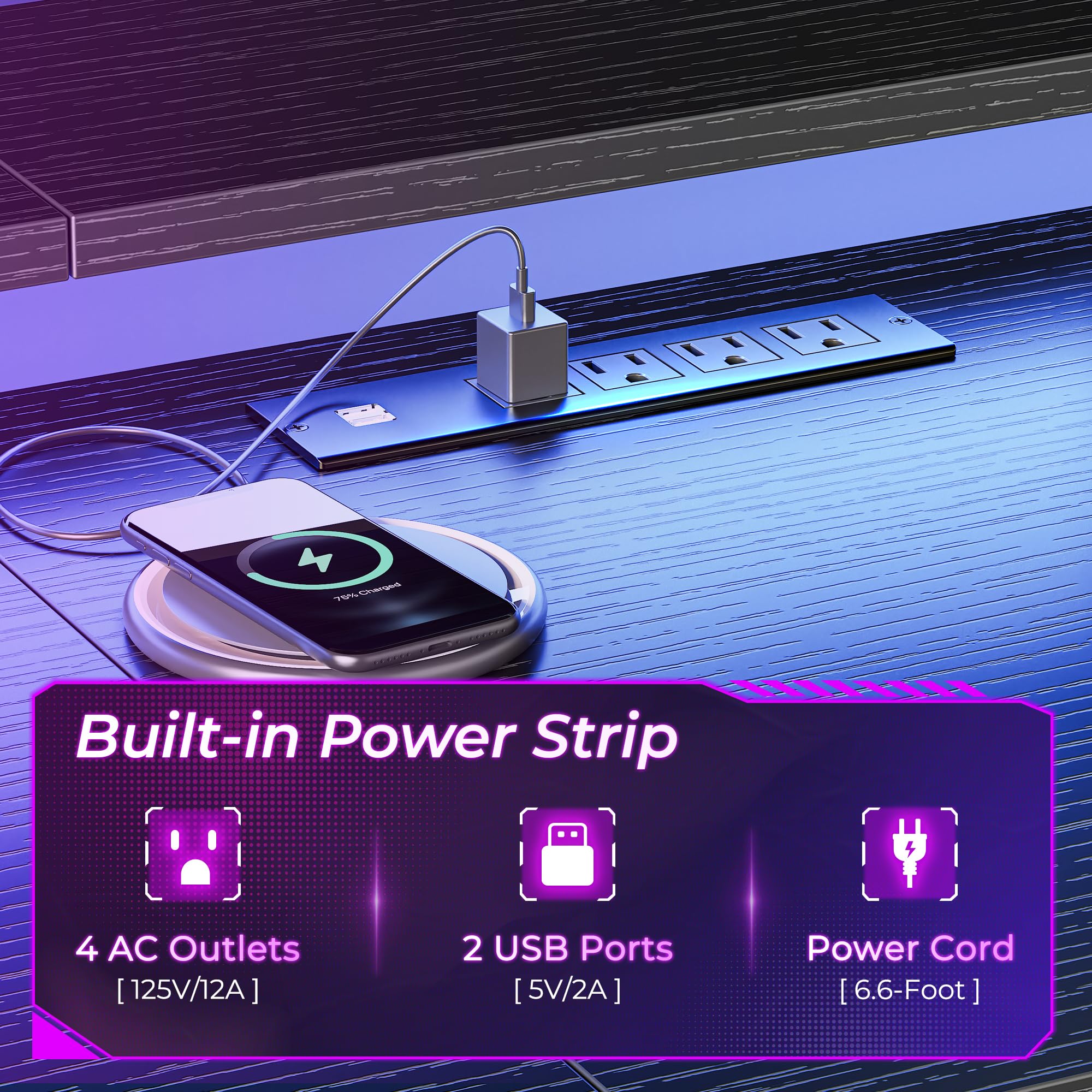 SUPERJARE 66 Inch L-Shaped Gaming Desk with Power Outlets, LED Lights & Monitor Stand - Ergonomic Computer Desk with Storage Shelf & Hooks for Home Office, Streaming Setup & Gaming Station (Black)