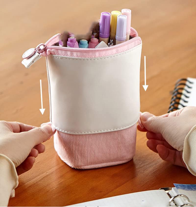 Retractable PU Corduroy Pencil Case - Expandable Pen Holder & Stationery Organizer for School, Office & Travel - Christmas Gift Idea (Yellow)