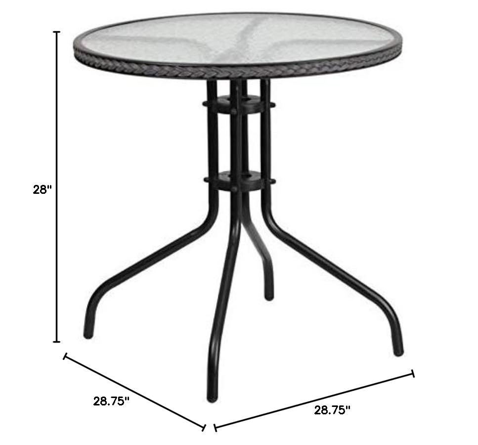 BOWERY HILL 29 Inch Round Glass Top Outdoor Patio Dining Table - Black Gray Finish - Perfect for Backyard, Garden, Poolside & Balcony Dining