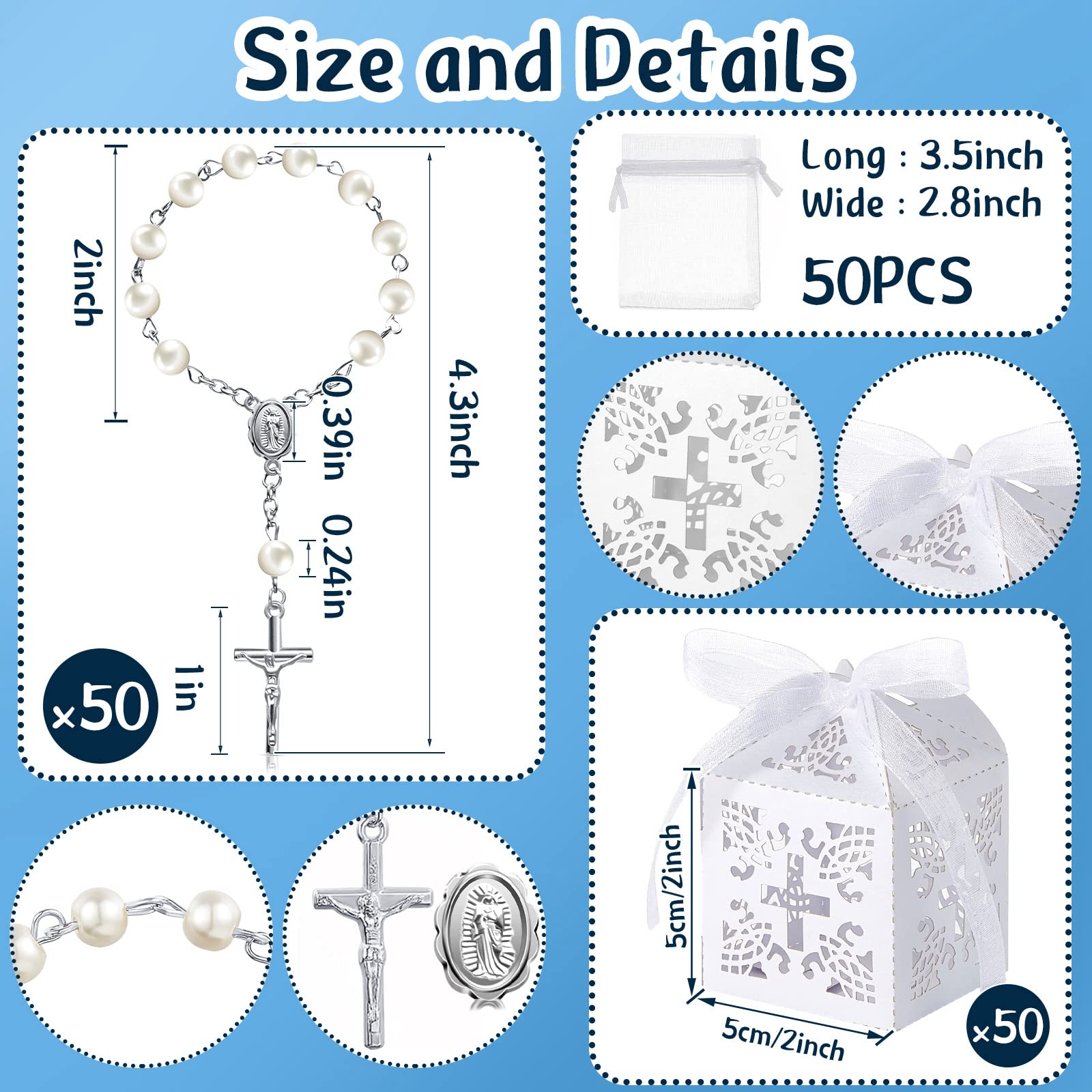 50 Packs Silver Pearl Acrylic Rosary Beads Baptism Favors Set with Organza Bags & Cross Boxes - Perfect for Christening, Wedding Party Favors, First Communion Gifts & Religious Events (Silver Pearl Bracelet)