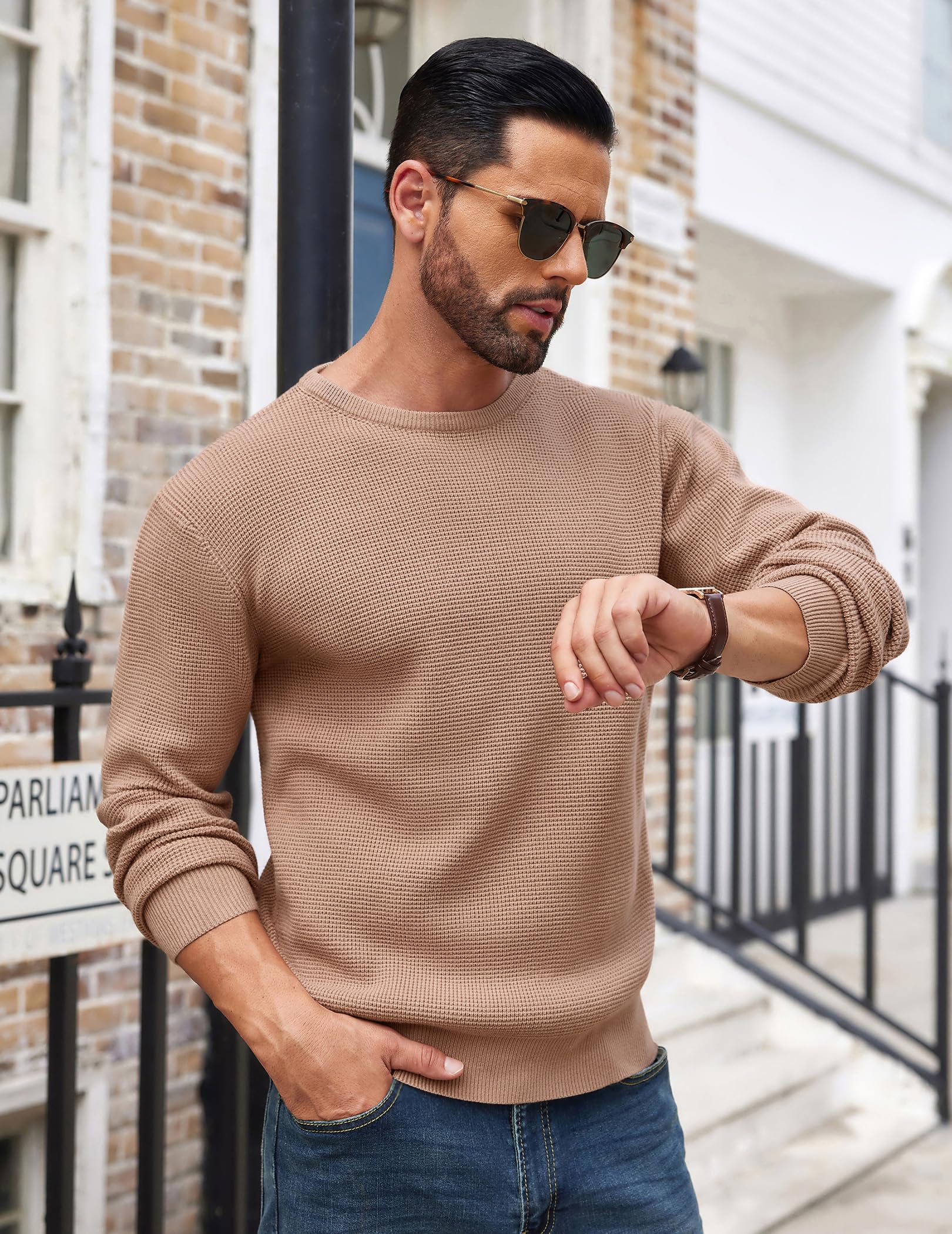 COOFANDY Men's Waffle Knit Crewneck Sweater - Soft Midweight Pullover for Casual & Layering | Fall & Winter Fashion