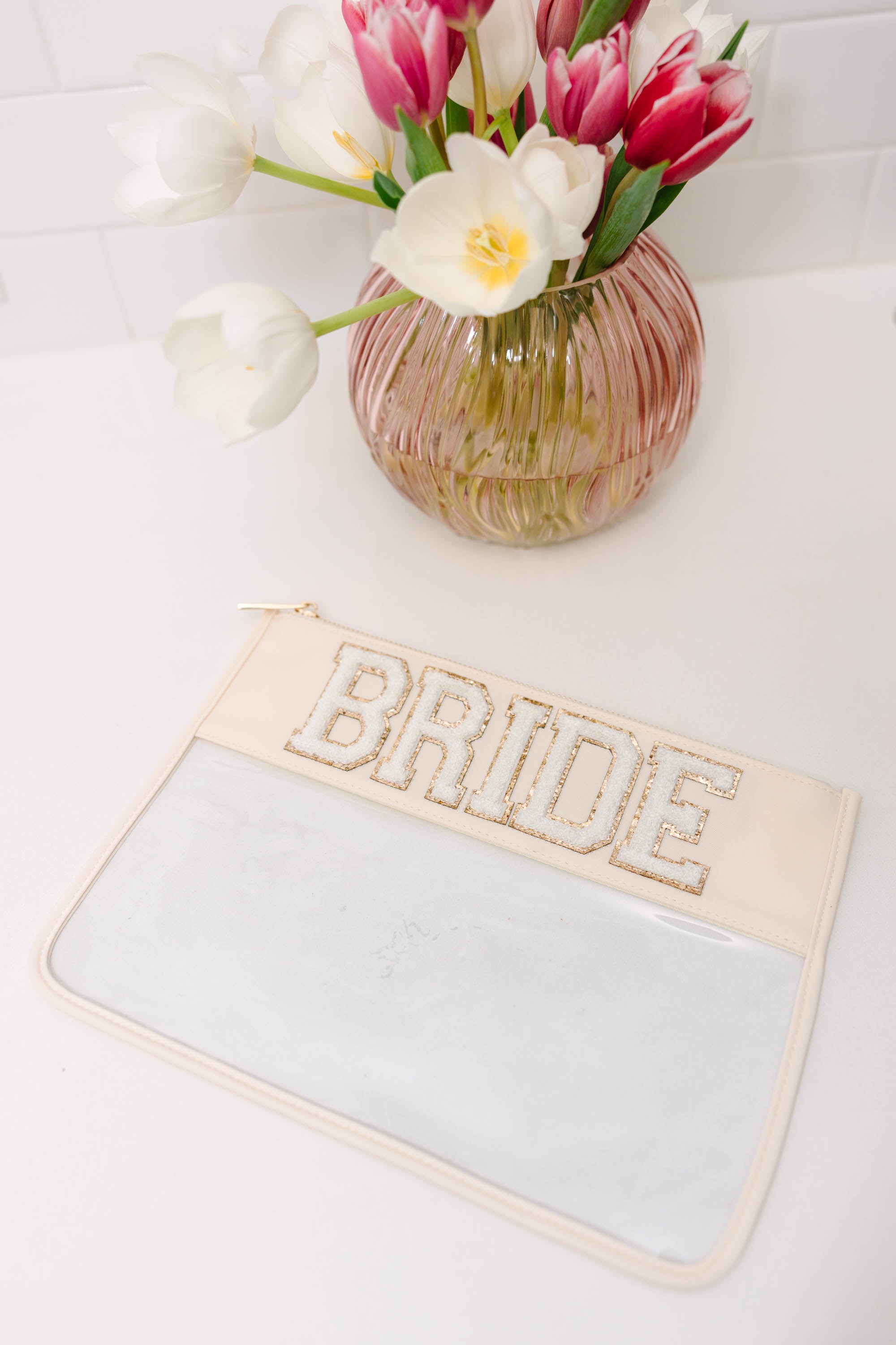 Clear Varsity Pouch for Bridal Essentials - Nude Transparent Cosmetic Bag for Makeup, Jewelry & Wedding Accessories - Perfect for Bridal Showers, Bachelorette Parties & Travel Organization