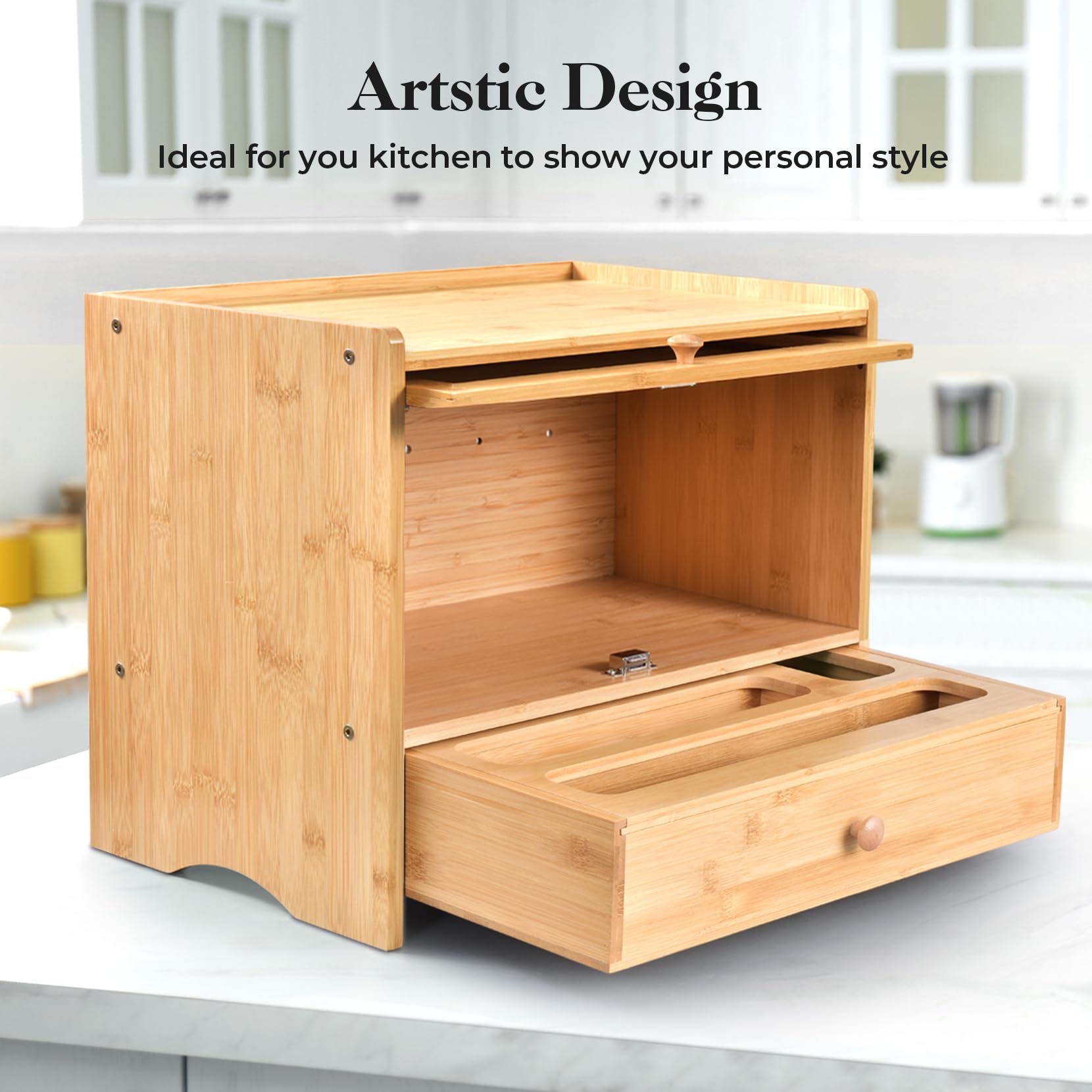 Bamboo Bread Storage Box with Window & Zip Baggie Organizer - Kitchen Countertop Corner Bread Keeper for Homemade Bread, Drawer & Pantry Organization - Perfect for Fresh Bread Storage & Kitchen Counter Space Saving