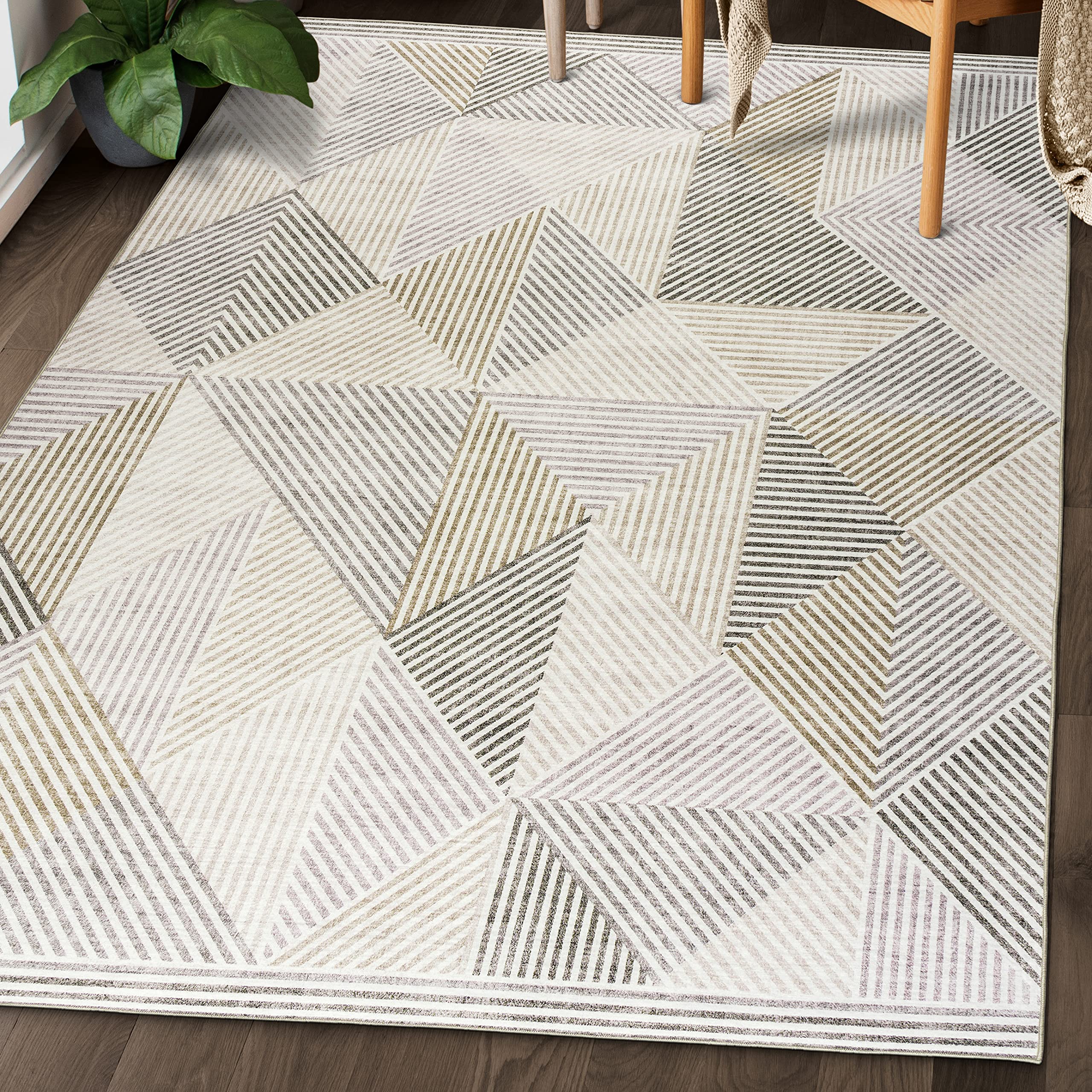Machine Washable Area Rug - Stain Resistant Low Pile Modern Geometric Rug for Living Room, Bedroom, Office - Soft Padded Non-Slip Contemporary Design - Perfect for High Traffic Areas & Pet-Friendly Homes - Miles Collection Beige 7'6