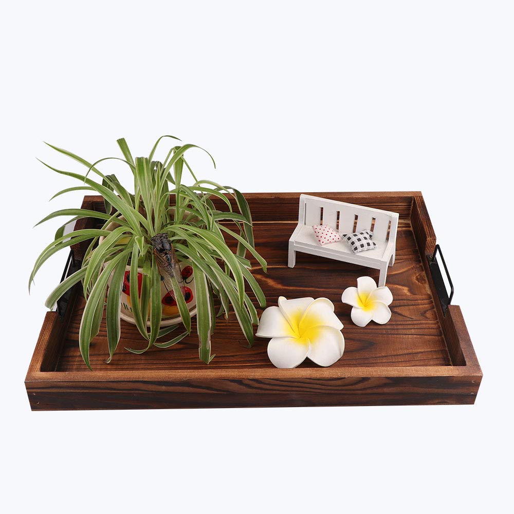 Rustic Wooden Serving Tray Set of 2 - Brown Decorative Food Tray for Coffee, Tea & Snacks - Perfect for Kitchen, Dining Table & Party Serving