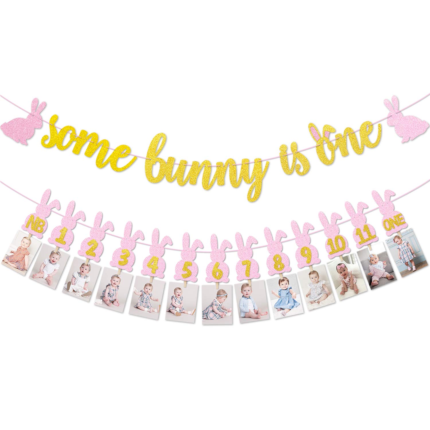 Some Bunny is One Banner Kit - Easter Bunny 1st Birthday Decorations with 12 Months Photo Banner - Spring Easter Rabbit Themed Milestone Banner for Baby Girls - Perfect for 1st Birthday Parties, Easter Celebrations & Monthly Photo Shoots