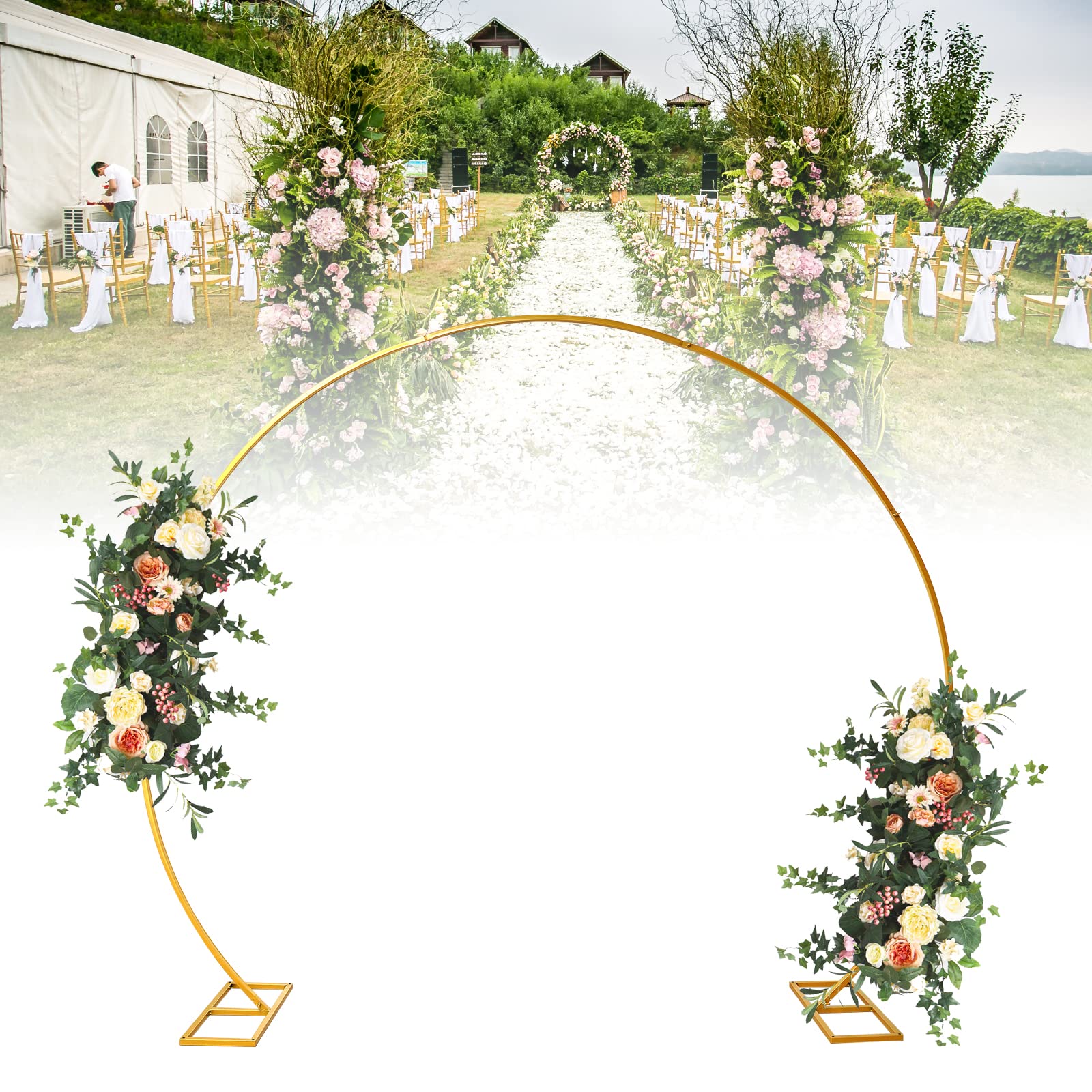TBVECHI Metal Wedding Arch - Round, Square, Hexagon & Pentagon Garden Wedding Backdrop Stand with Flower Frame for Ceremony & Party Decor (8.3x9.2FT Single-Tube) - Perfect for Outdoor Weddings, Garden Parties & Photo Shoot Backdrops
