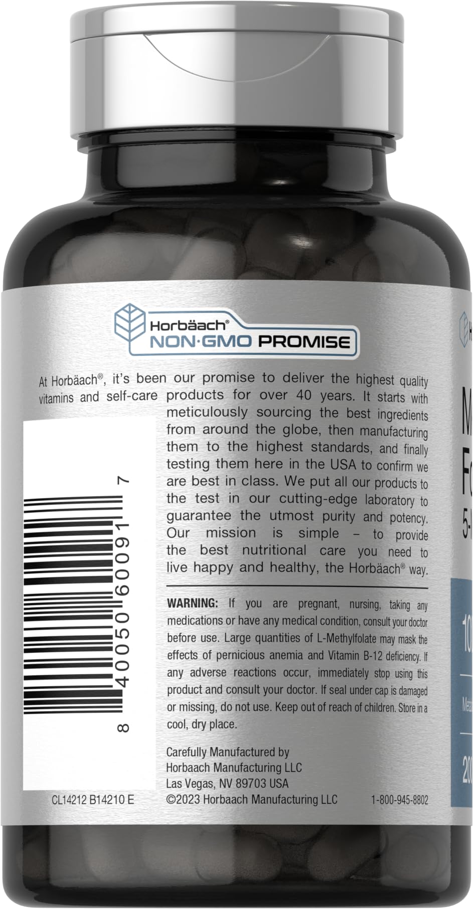 Horbäach Methyl Folate 1000 mcg Supplement (200 Capsules) - 5-MTHF Active Folate for Women & Men - Non-GMO, Gluten Free - Supports Heart Health, Pregnancy & Cognitive Function - Perfect for Prenatal Care & Daily Wellness