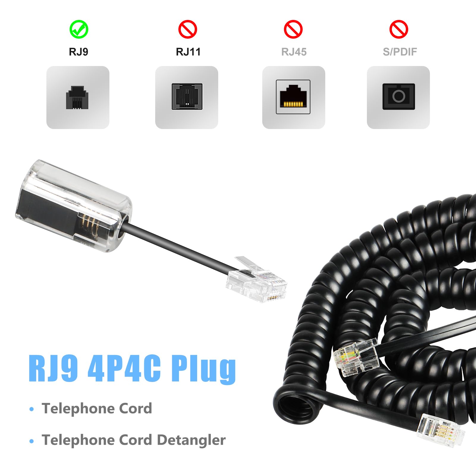 Phone Cord Detangler for Desk Phone - 1 Pack 8 Ft Uncoiled (1.4 Ft Coiled) Landline Cord & 360° Rotating Tangle-Free Telephone Cord Organizer - Black | Perfect for Home Office, Call Centers & Workspace Organization