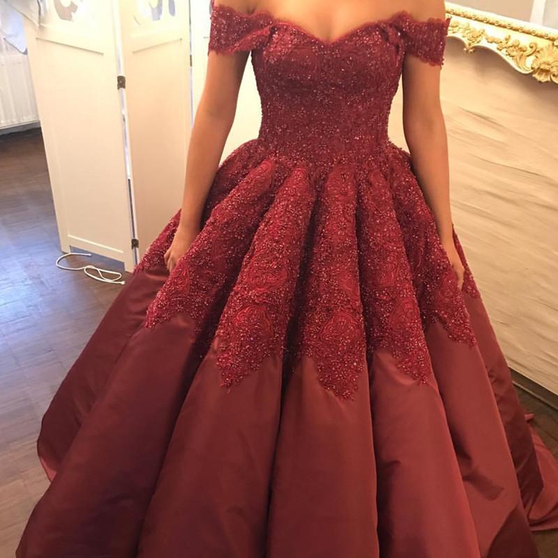 Elegant Burgundy Taffeta Wedding Ball Gown with Lace Off-Shoulder Design - Perfect for Bridal, Prom, Formal Events & Evening Galas