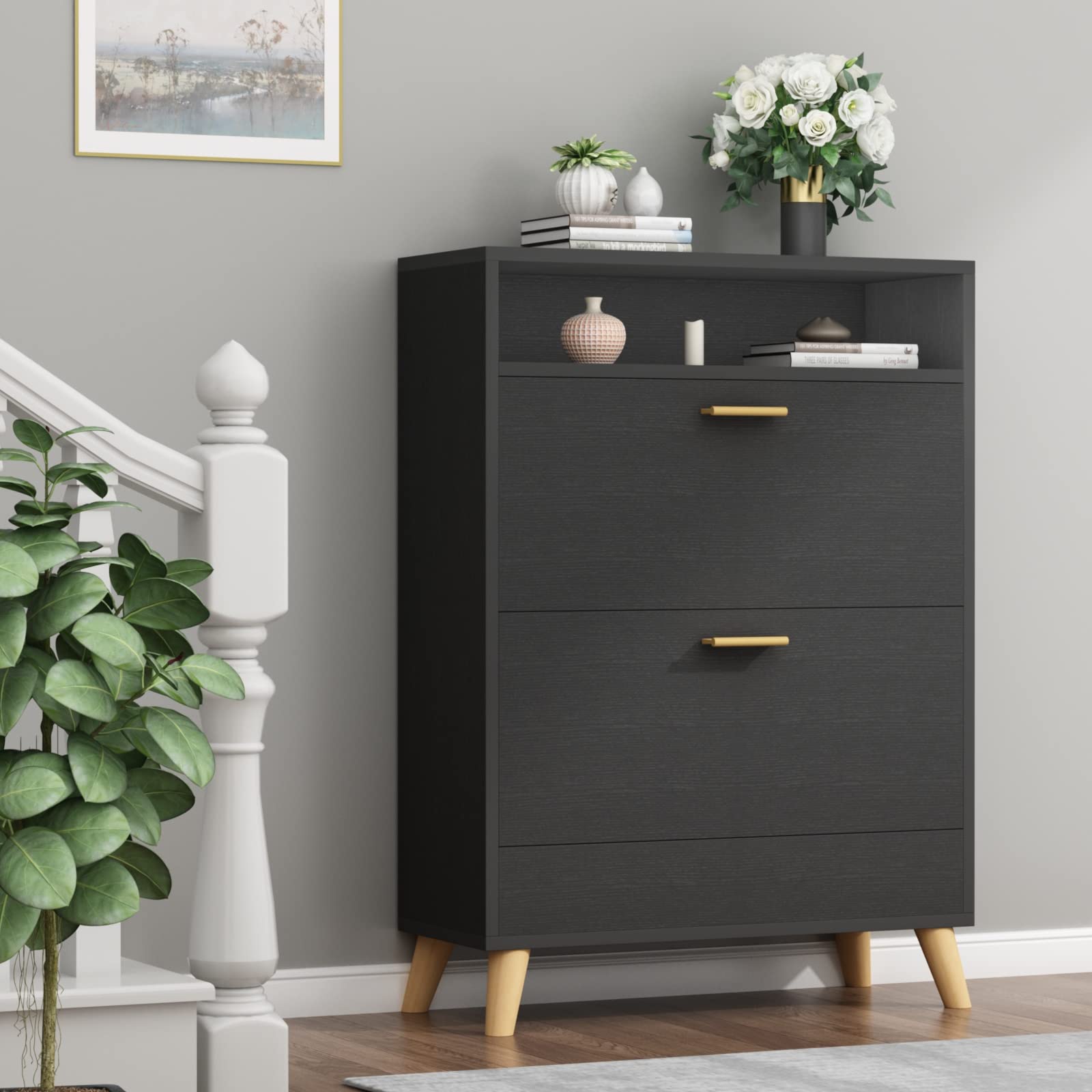 16-Pair Shoe Storage Cabinet with 2 Flip Drawers - 3-Tier Free Standing Shoe Organizer for Entryway, Narrow Hidden Shoe Rack with Doors (Dark Black) - Perfect for Small Spaces, Closet Organization & Entryway Storage