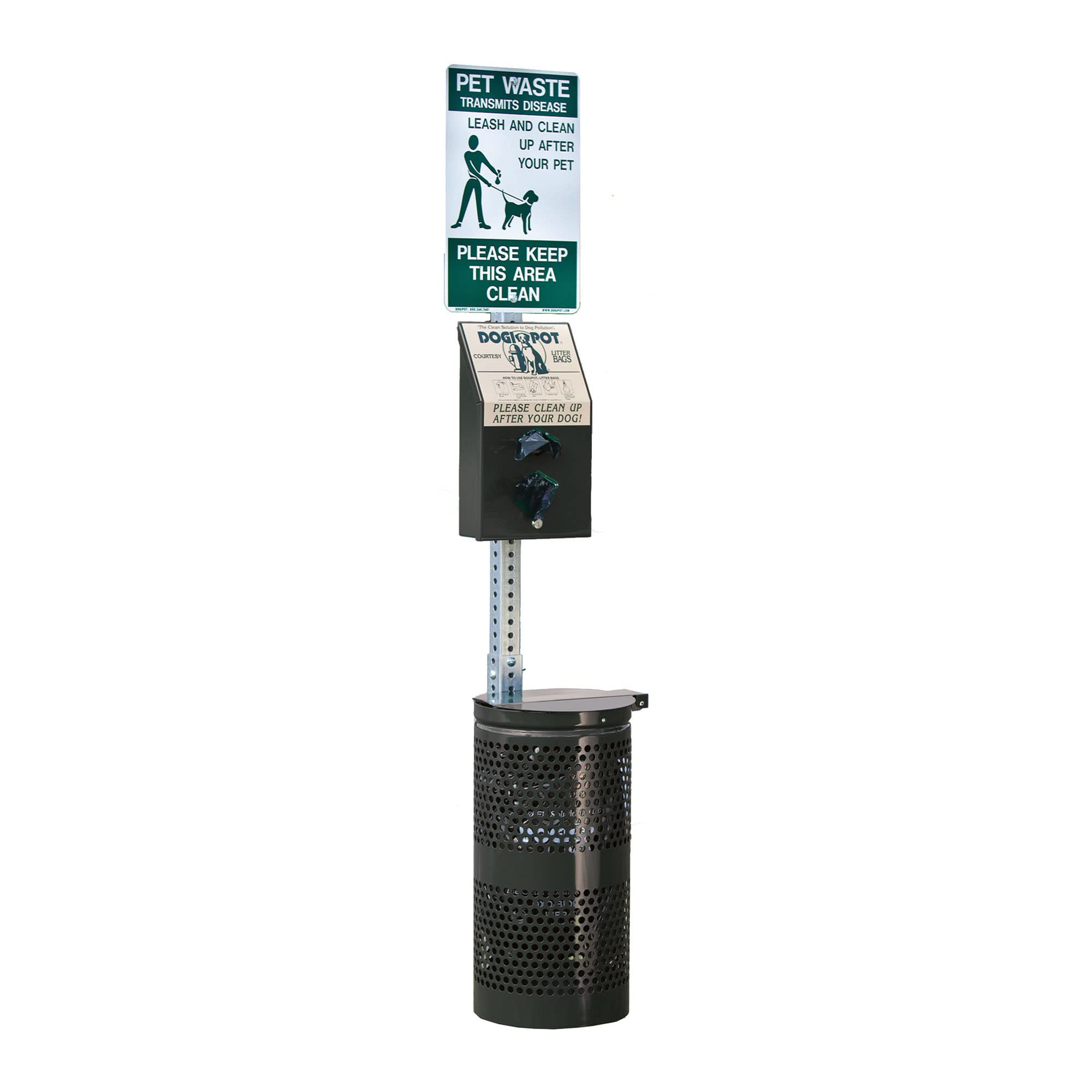 DOGIPOT 1003-L Pet Waste Station - Includes Sign, Dispenser, Steel Receptacle, Litter Bag Rolls & Trash Bags - Durable Outdoor Dog Poop Station for Parks, Trails & Neighborhoods - Forest Green