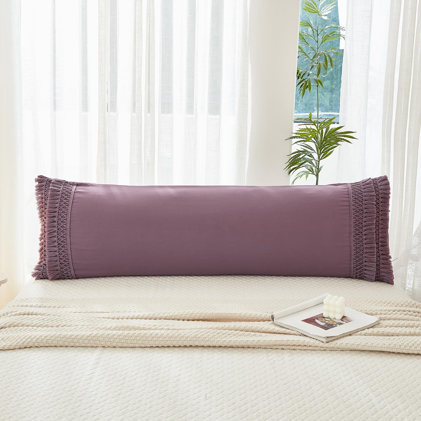 Grayish Purple Body Pillow Cover 20x54 Inches with Tassel & Pocket Closure - Boho Style Decorative Pillowcase for Bedroom, Living Room, or Dorm