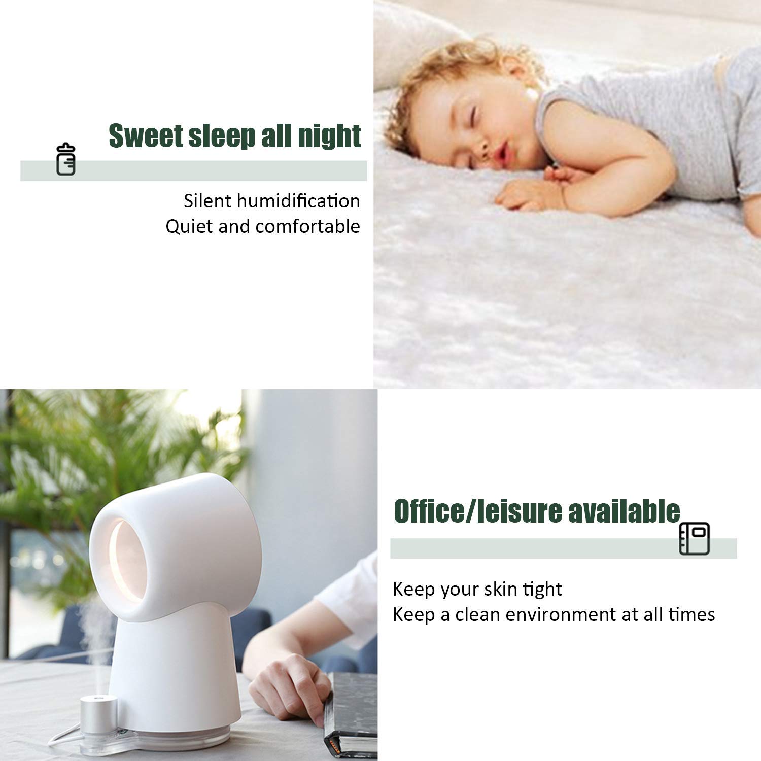 3-in-1 USB Portable Bladeless Desk Fan with LED Light & Humidifier - Quiet Cooling Fan for Home, Office, Baby Room | Gentle Breeze Desktop Air Circulator | Perfect for Workstations, Nightstands and Nursery Spaces (White)