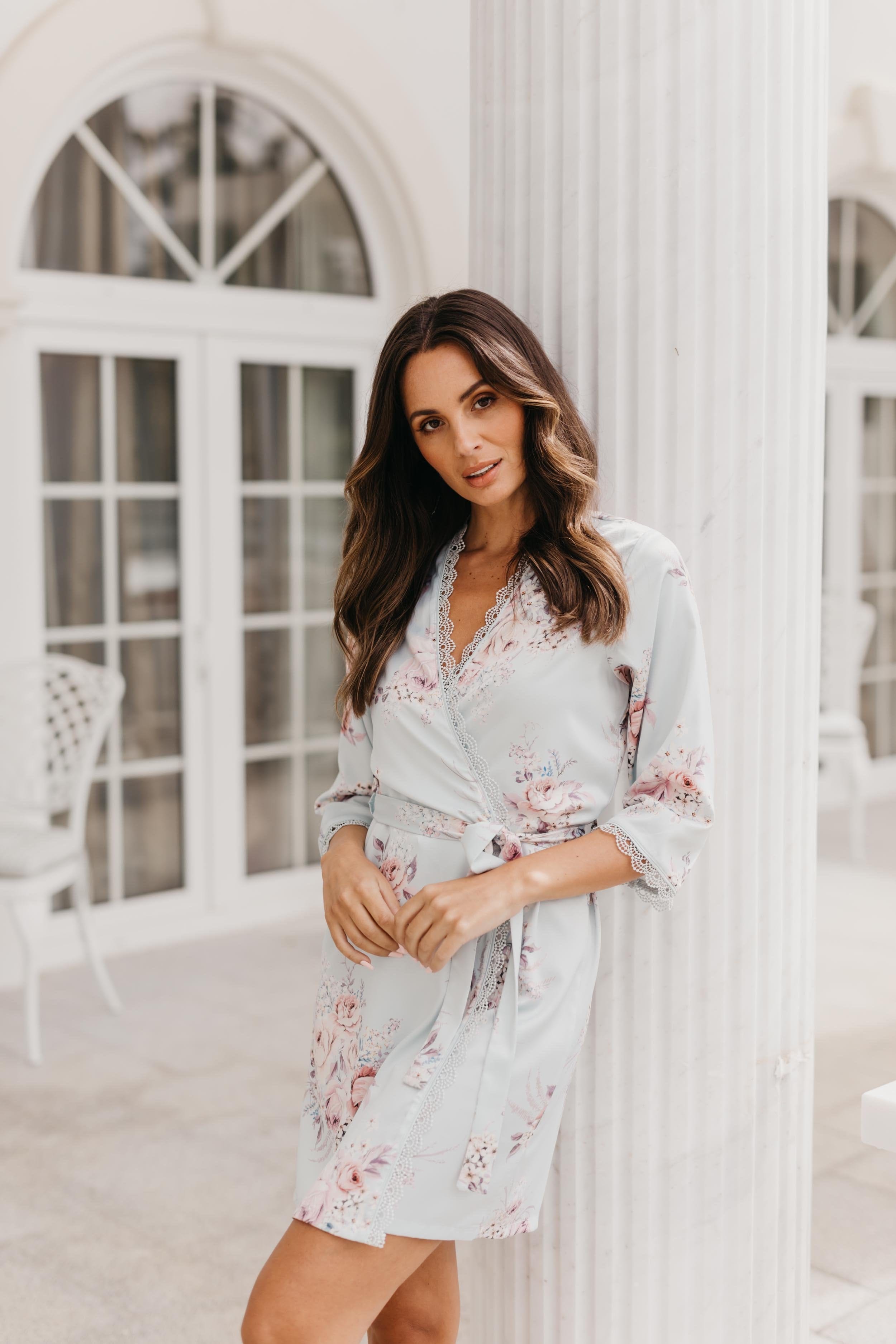 Elegant Rose Mist Floral Lace Trim Satin Robe - Women's Luxury Kimono Bathrobe for Bridal, Spa, Honeymoon & Boudoir Photography