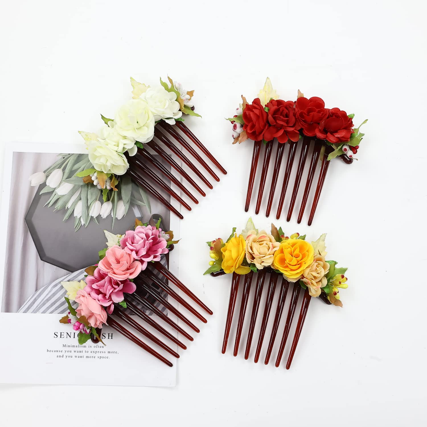 4 Pack Rose Floral Hair Clips - Plastic Wedding Hair Combs for Women, Brides, Bridesmaids & Flower Girls - Elegant Side Hair Slides, Barrettes & Bun Accessories - Perfect for Bridal, Prom & Special Occasions