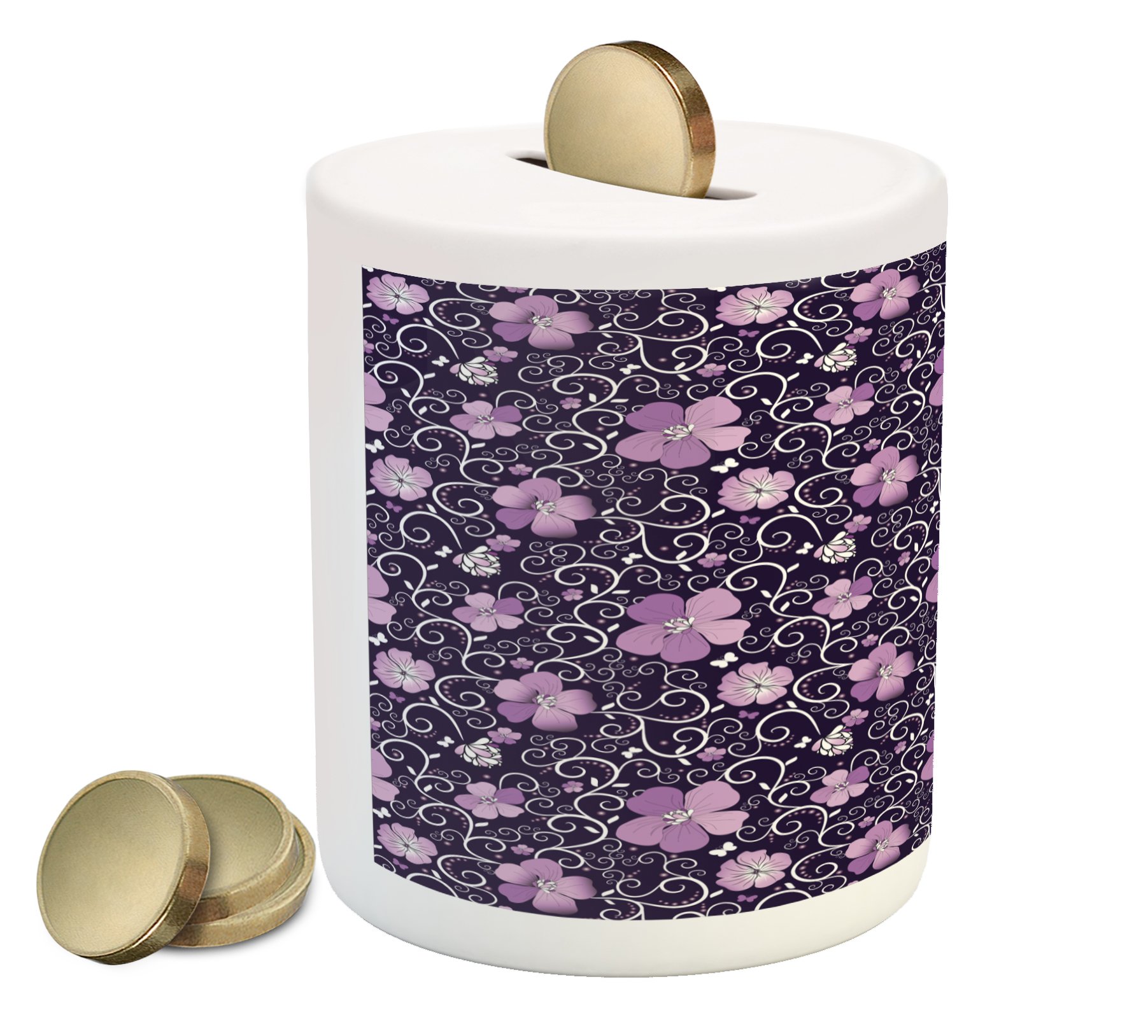 Ambesonne Floral Ceramic Piggy Bank - Butterfly & Flower Design Money Box for Cash Savings (Lilac, Dark Purple, White) | Perfect for Kids' Allowance, Coin Collection & Home Decor